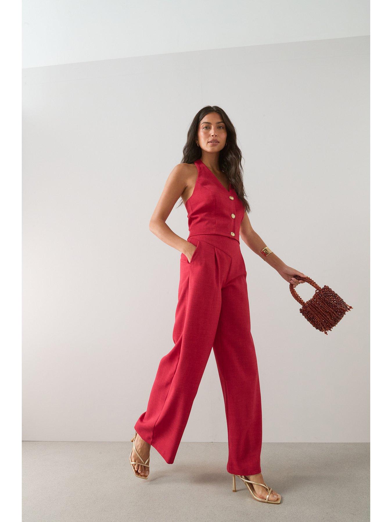 Image 4 of 6 of The Very Collection Statement Button Halter Waistcoat - Red