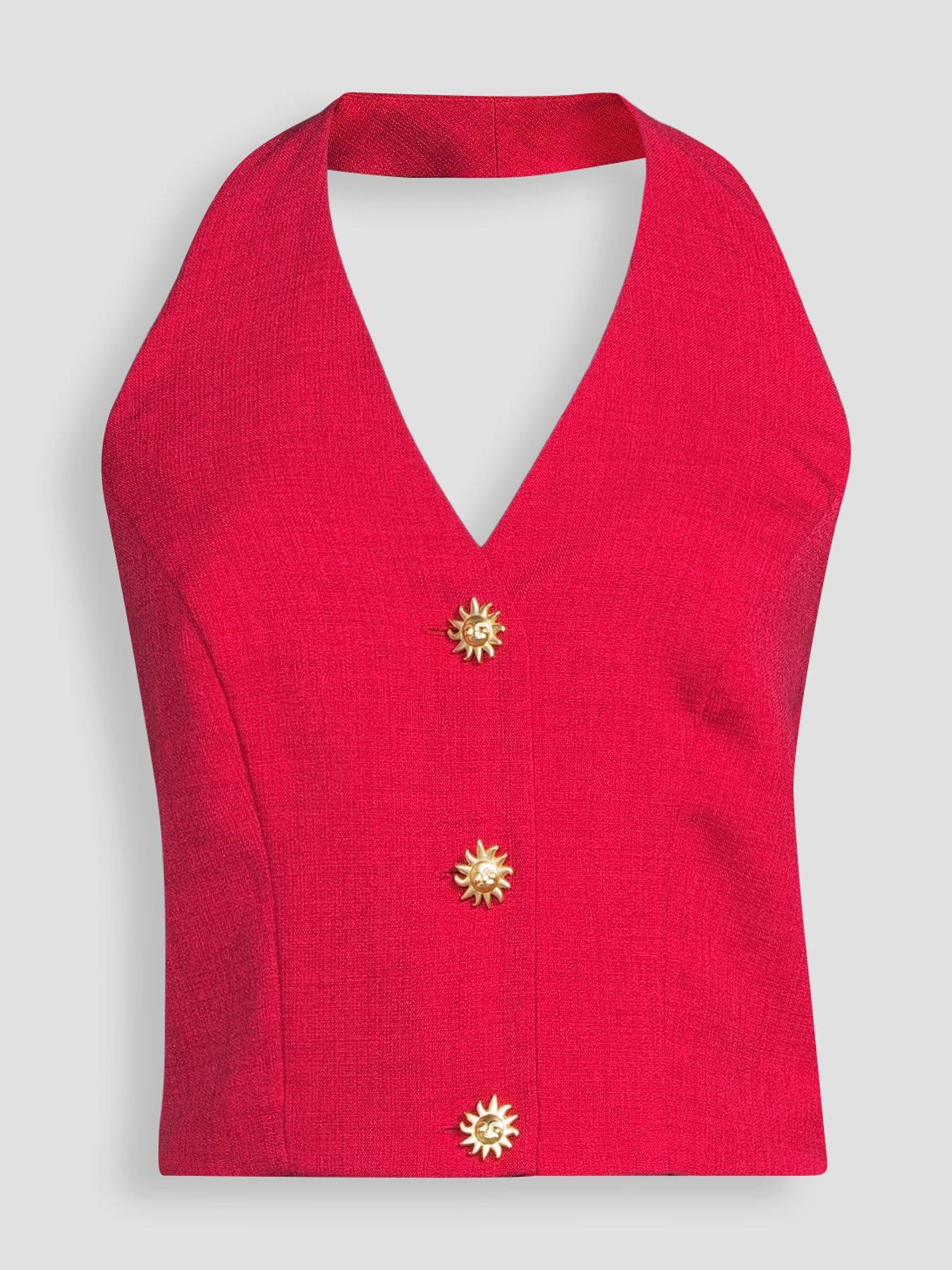 Image 6 of 6 of The Very Collection Statement Button Halter Waistcoat - Red