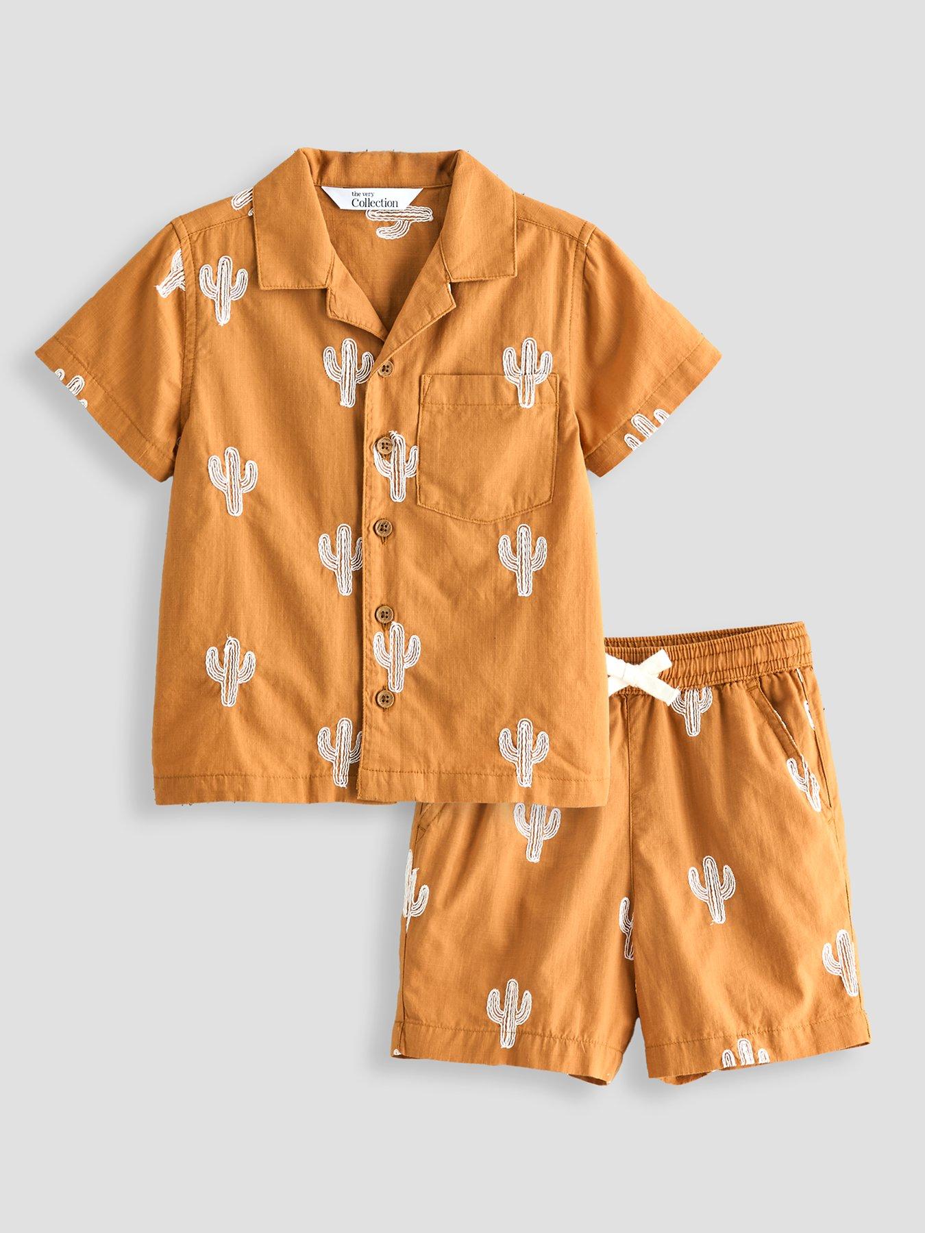 The Very Collection Boys Cactus Embroidered Double Cloth Shirt And Shorts Outfit Set - Orange