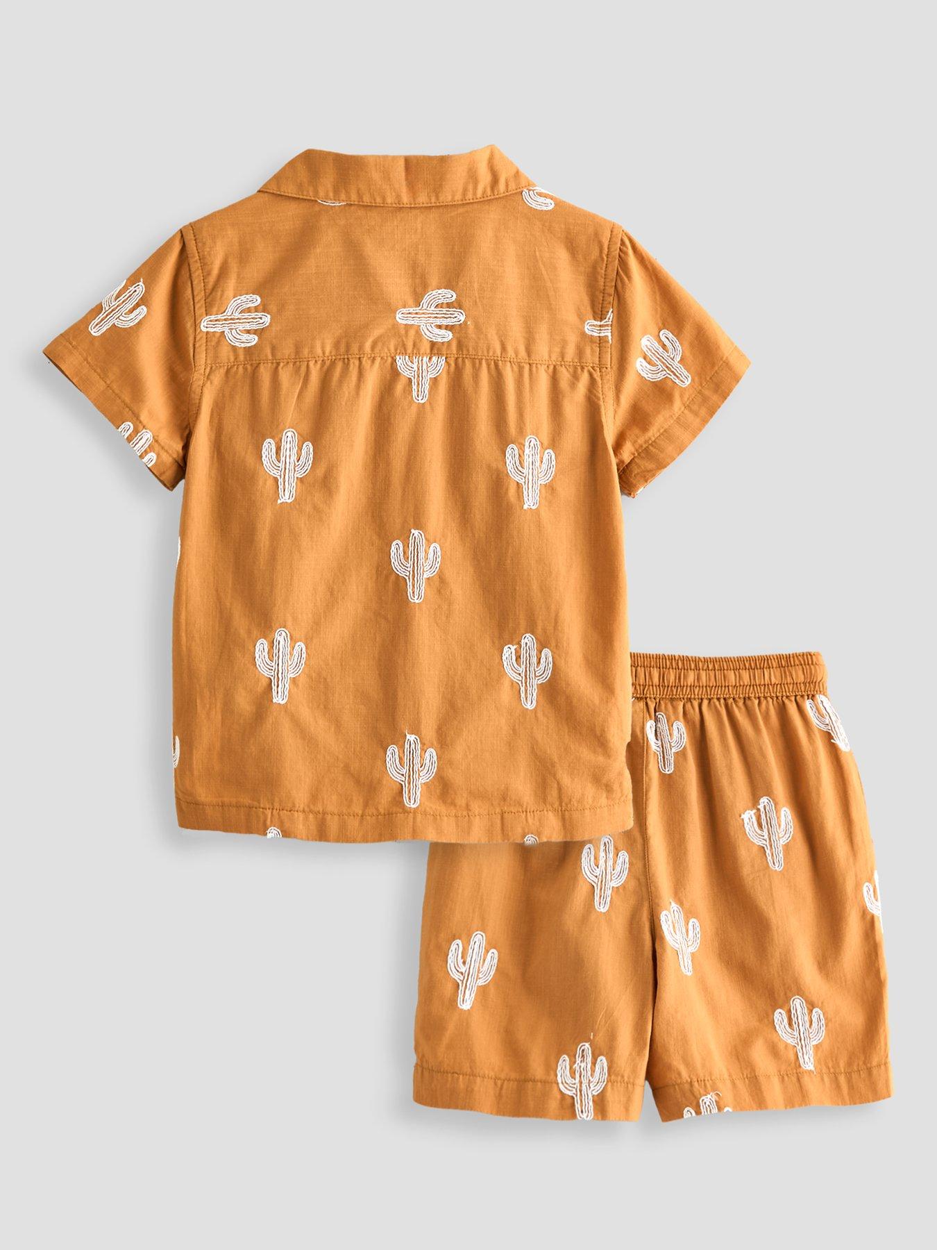 Image 2 of 5 of The Very Collection Boys Cactus Embroidered Double Cloth Shirt And Shorts Outfit Set - Orange