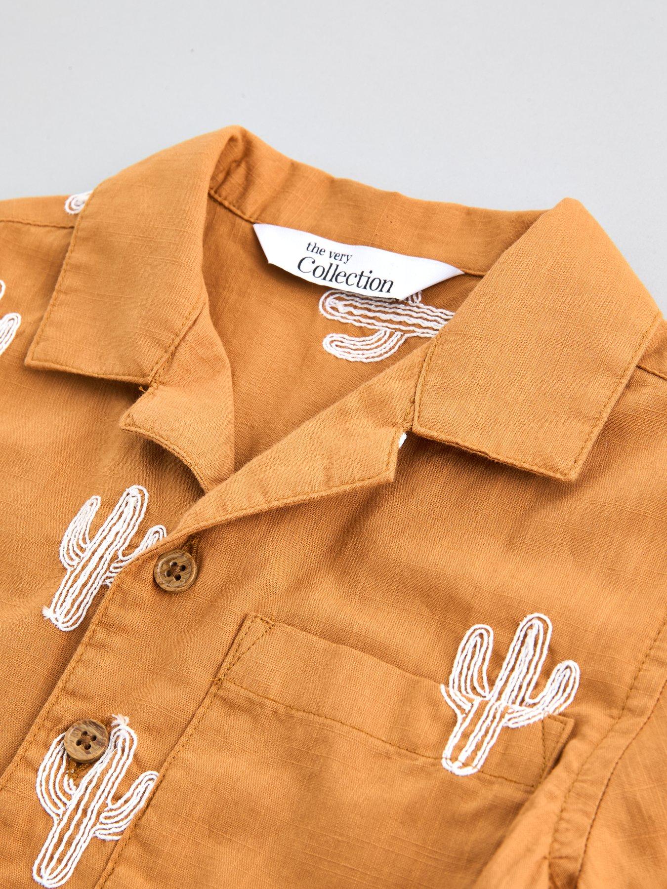 Image 3 of 5 of The Very Collection Boys Cactus Embroidered Double Cloth Shirt And Shorts Outfit Set - Orange
