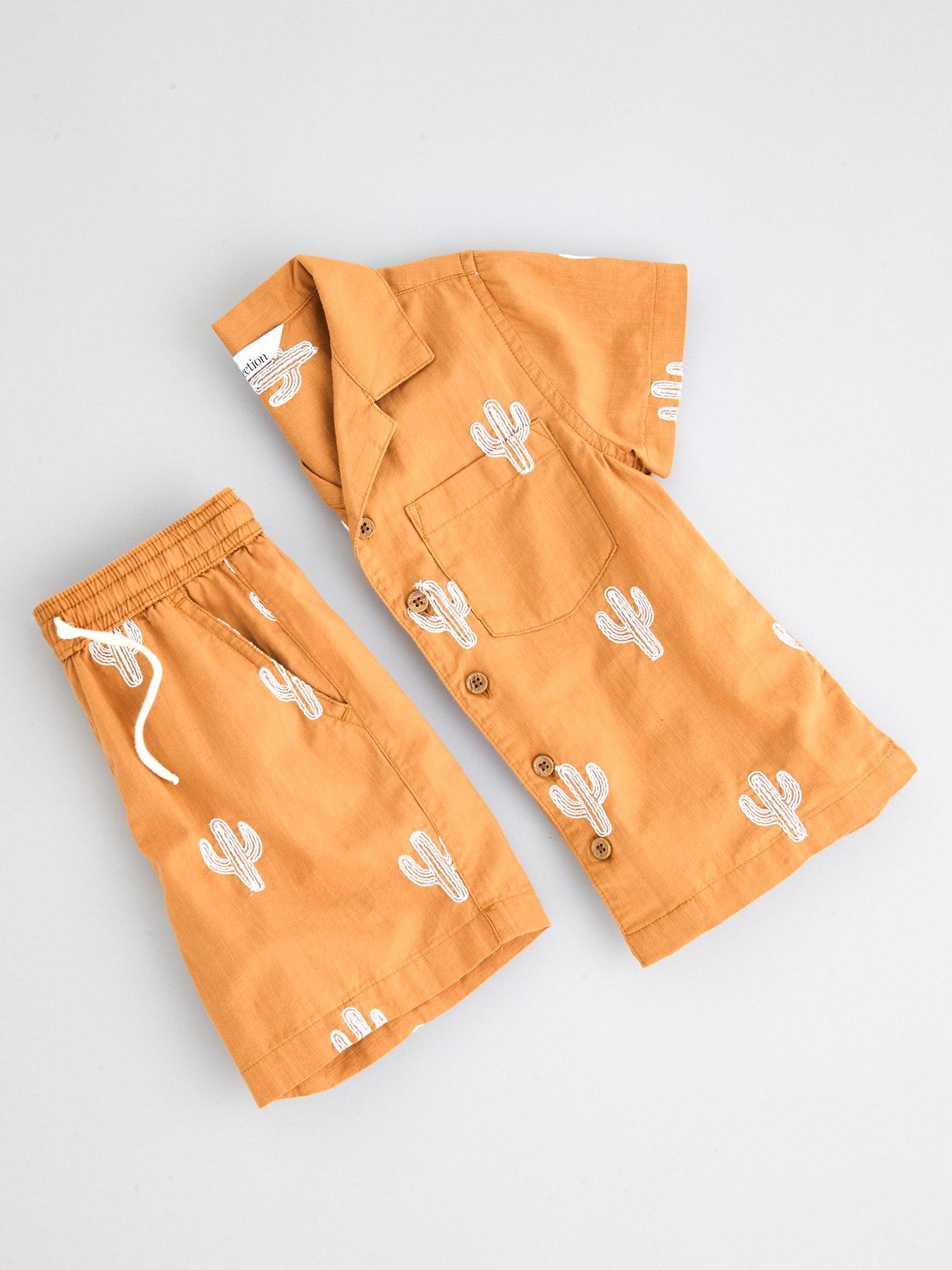Image 5 of 5 of The Very Collection Boys Cactus Embroidered Double Cloth Shirt And Shorts Outfit Set - Orange