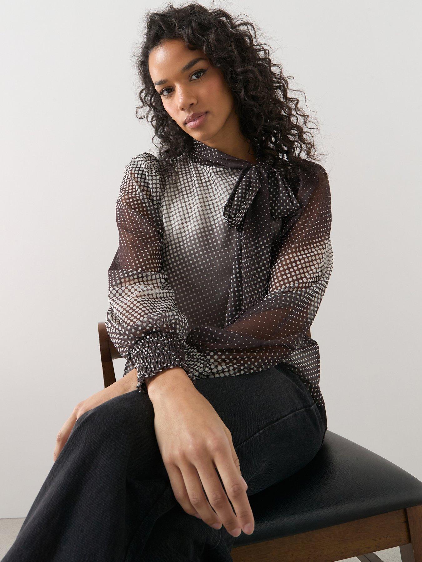 The Very Collection Pussybow Spot Top - Grey