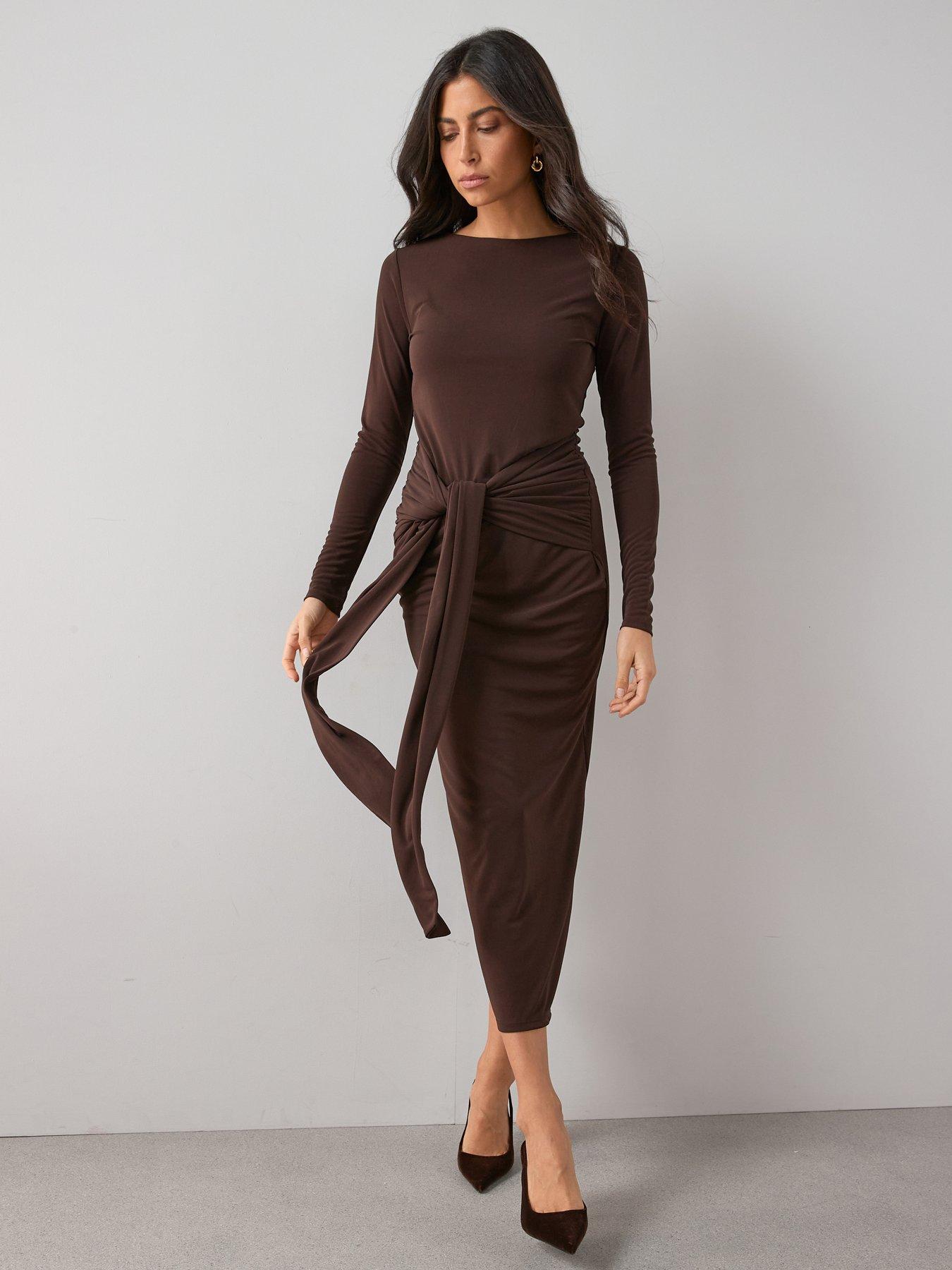 dark brown waist tie midi dress Dark Brown Sweetheart Tie-Strap Midi Dress main image 1