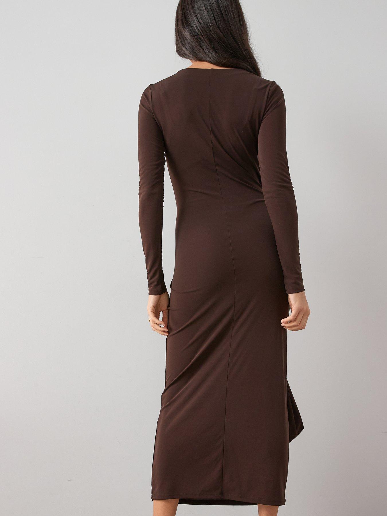 dark brown waist tie midi dress with sleeves Brown Floral Print 3/4 Sleeve Button Front Self Tie Waist Midi Dress main image 1