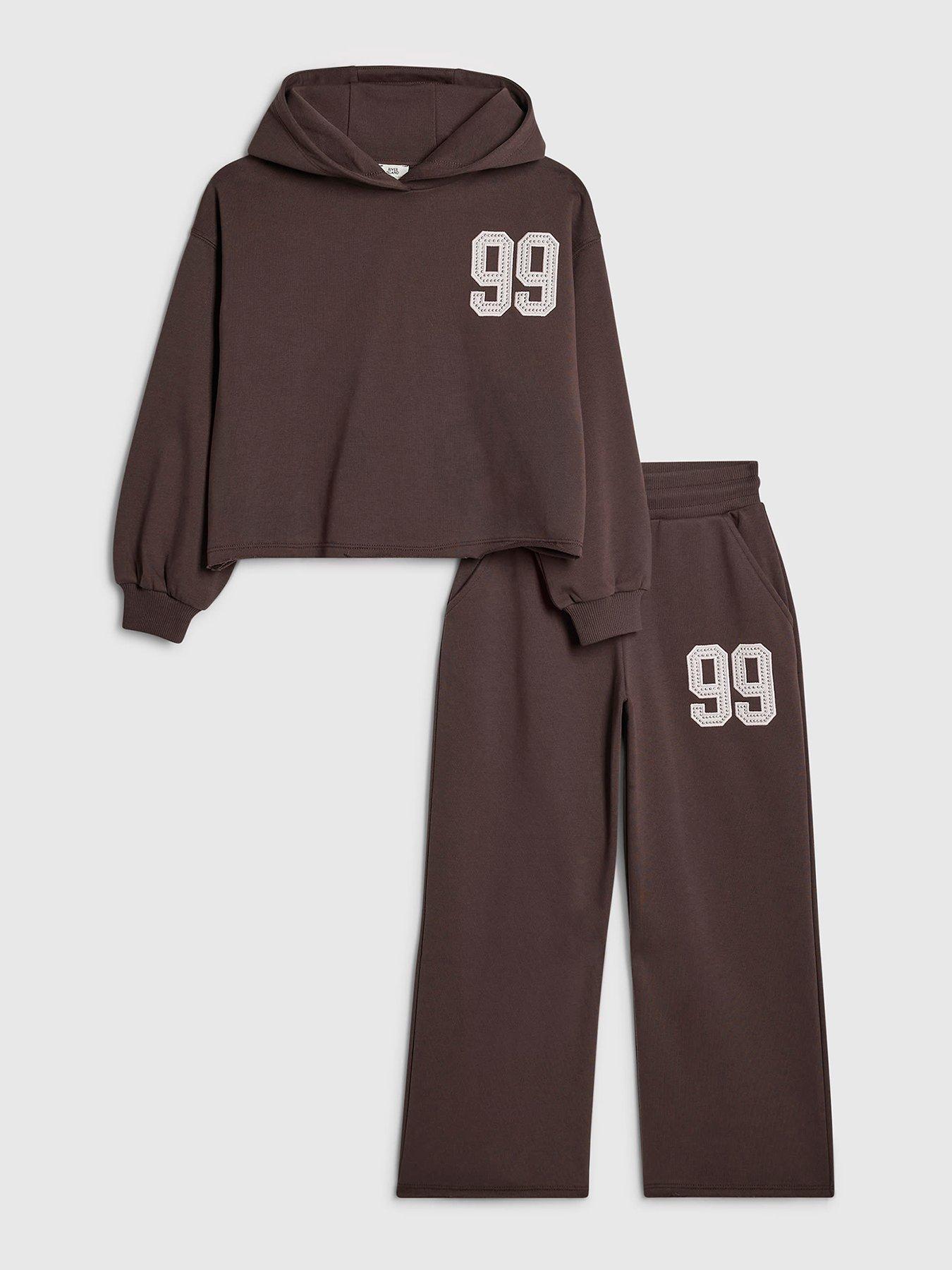 River Island Older Girls 99 Number Back Print Hoodie Tracksuit Set - Brown