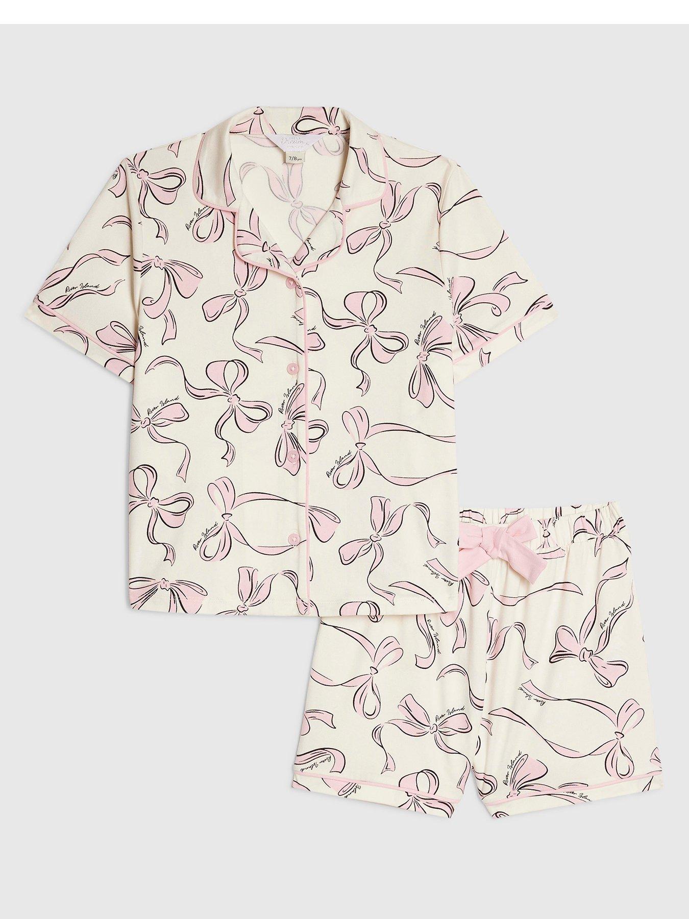 River Island Older Girls Bow Print Short Sleeve Pyjamas - Cream