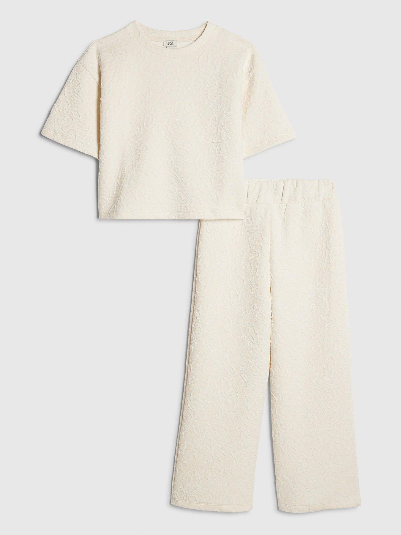 River Island Older Girls Floral Texture Top and Joggers Set - Beige