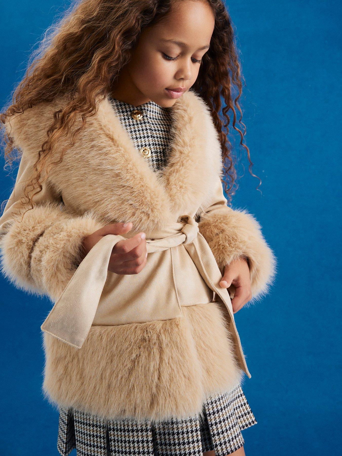 River Island Older Girls Faux Fur Wrap Coat - Cream