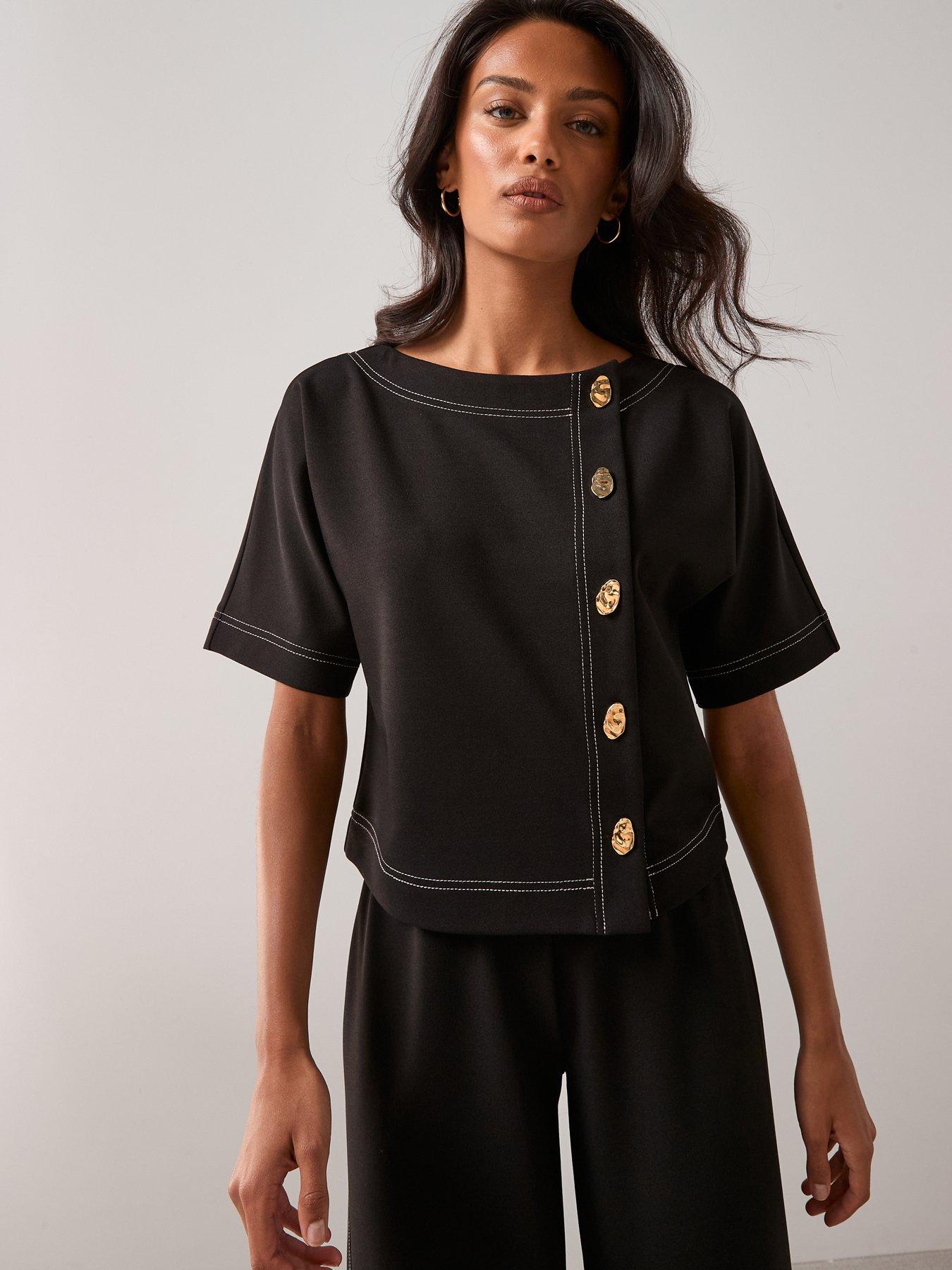 The Very Collection Contrast Stitch Button Up Top - Black
