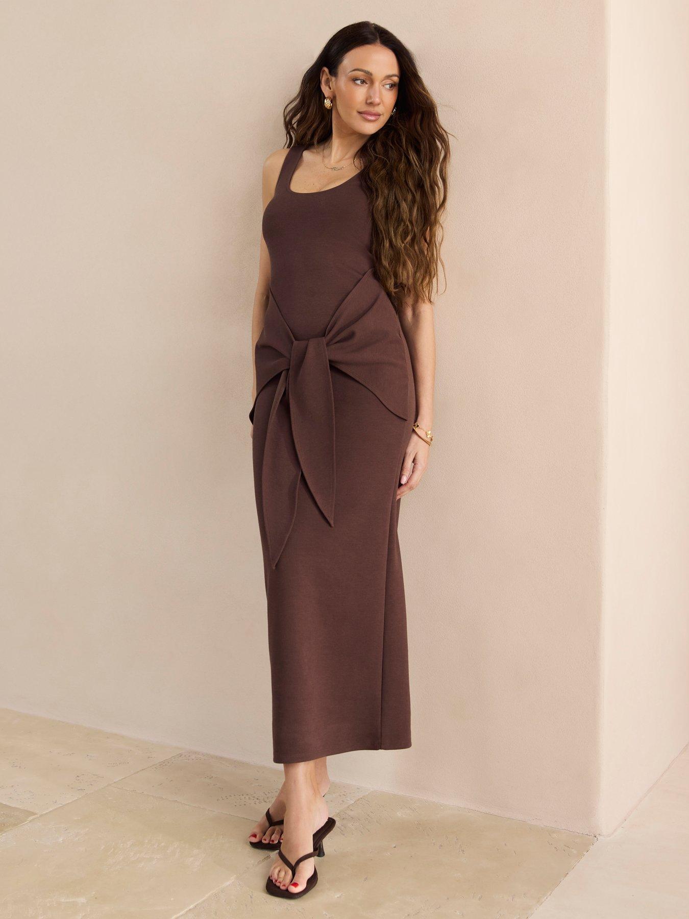 Michelle Keegan Tie Detail Midaxi Dress - Brown