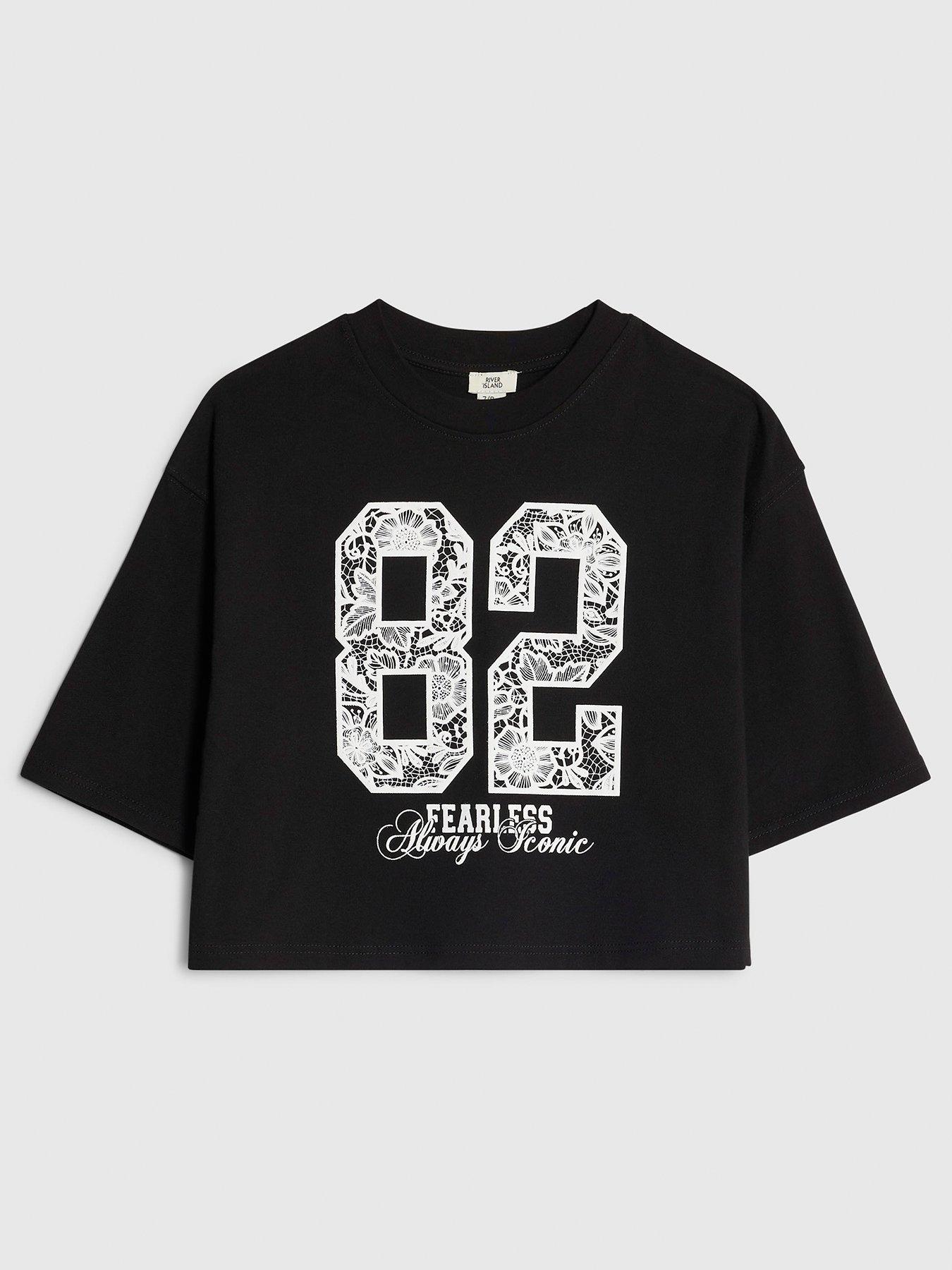River Island Older Girls Fearless Lace Number Crop T-Shirt - Black