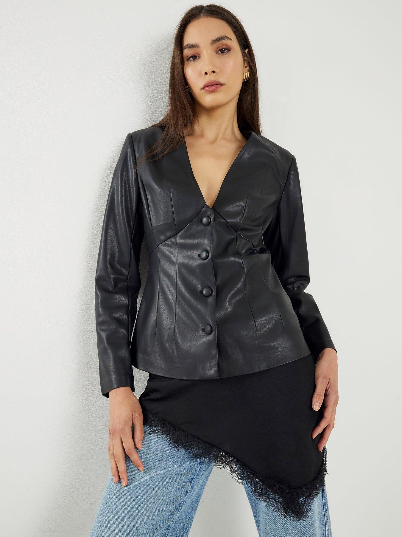 river-island-fitted-v-neck-faux-leather-long-sleeve-top-black