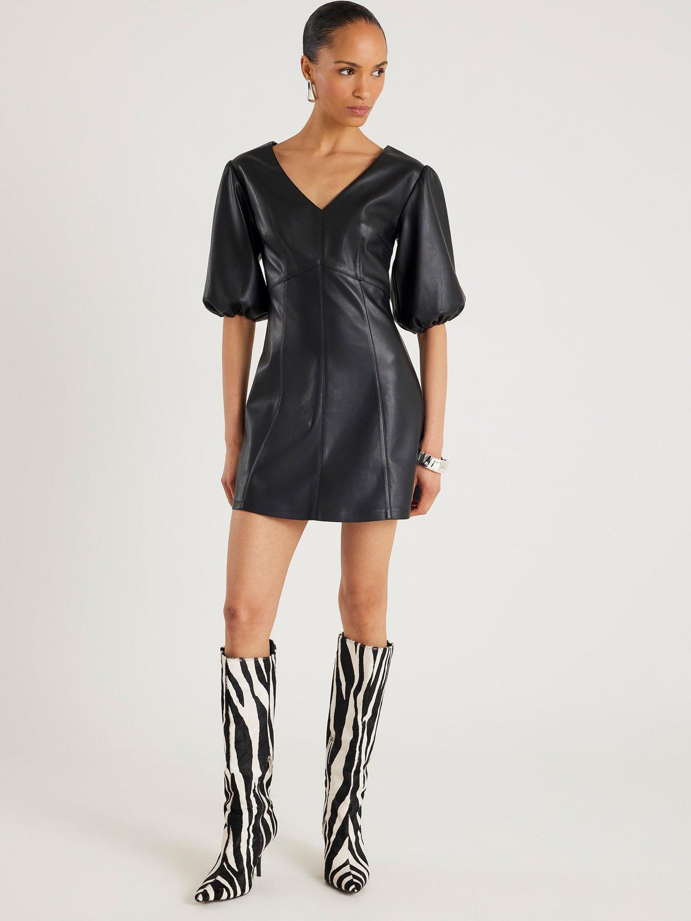 River Island Puff Sleeve Faux Leather Shift Dress - Black | Very Ireland