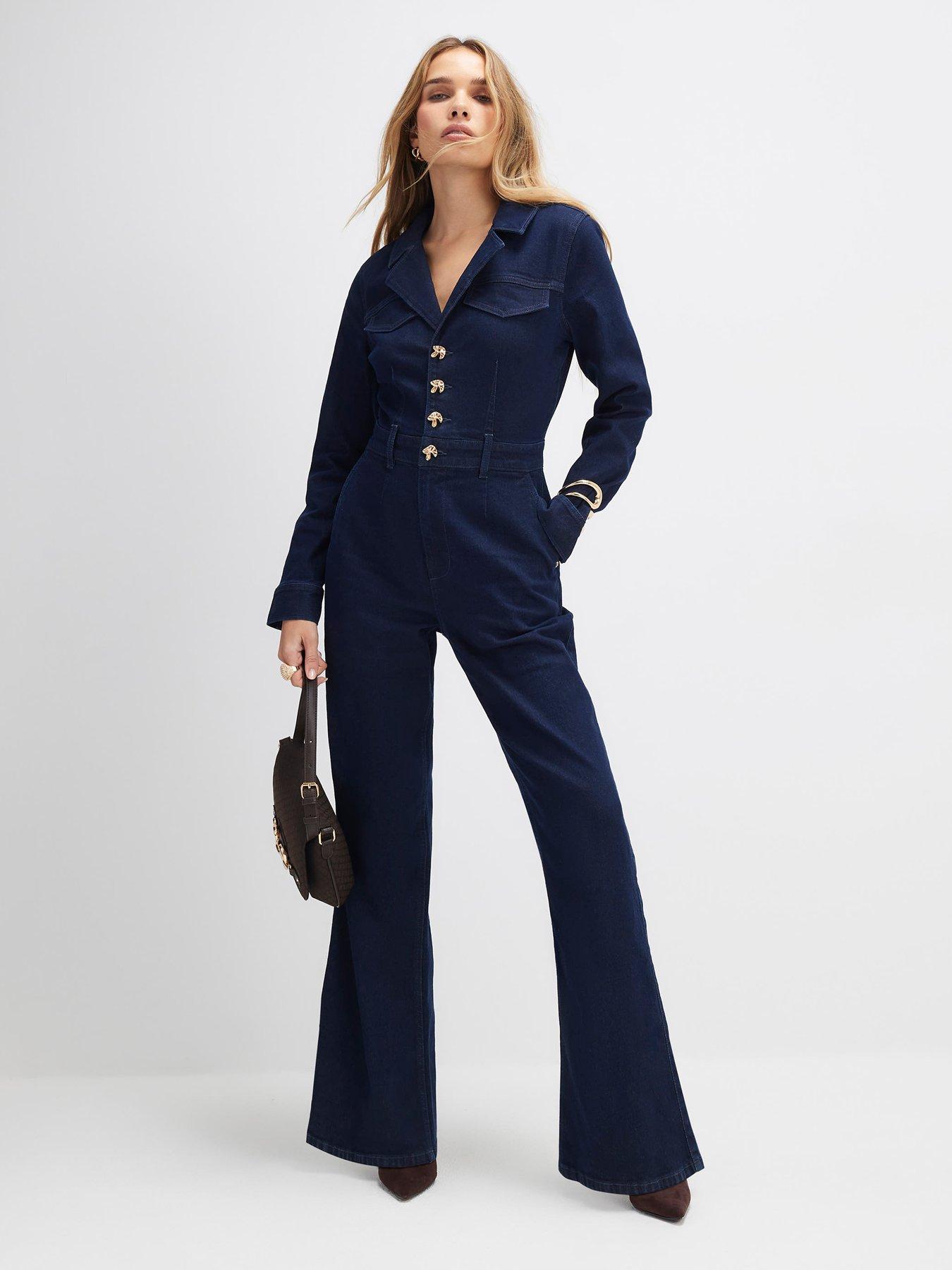 Image 1 of 4 of River Island Wide Leg Denim Jumpsuit - Blue