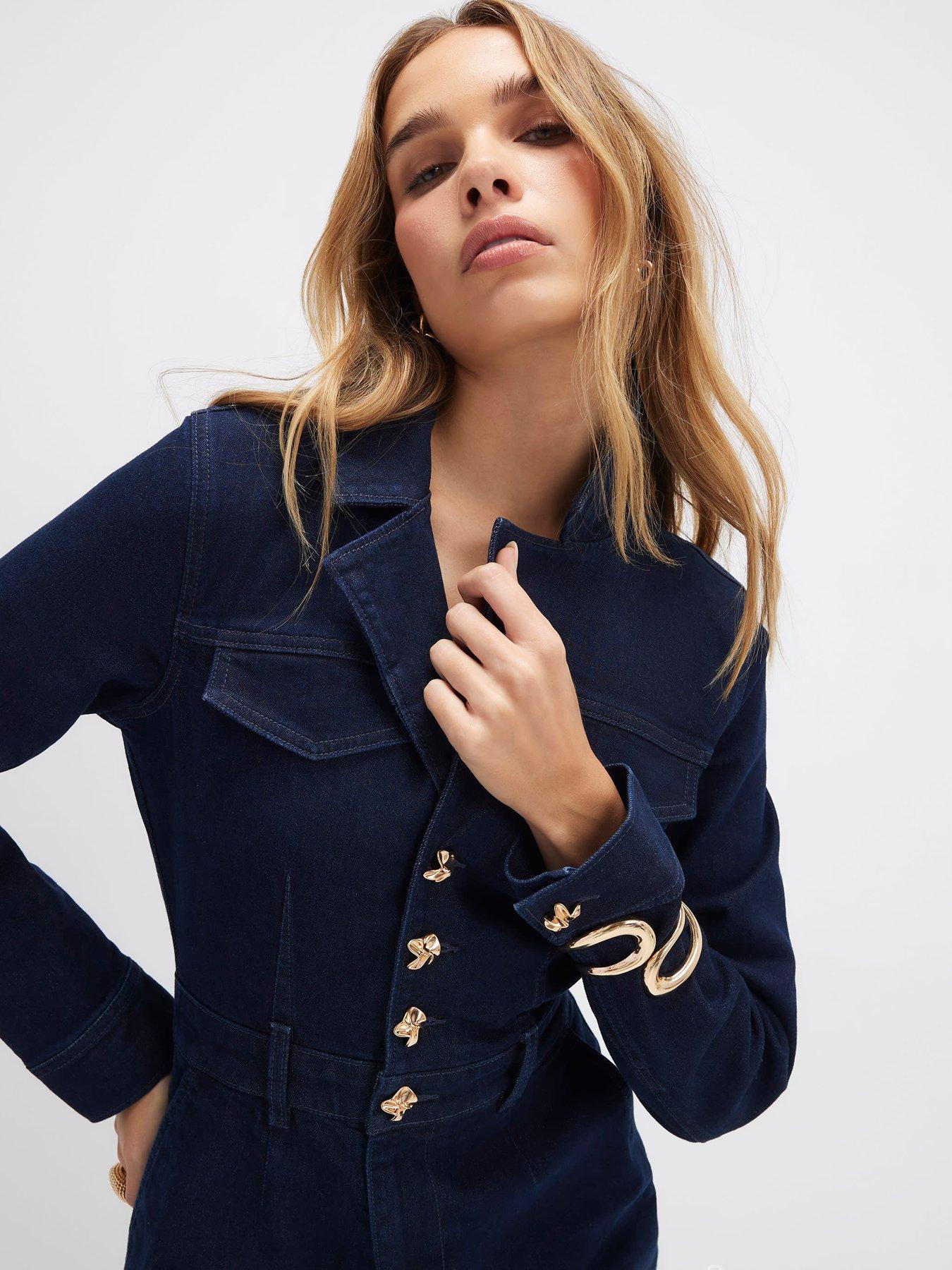 Image 4 of 4 of River Island Wide Leg Denim Jumpsuit - Blue