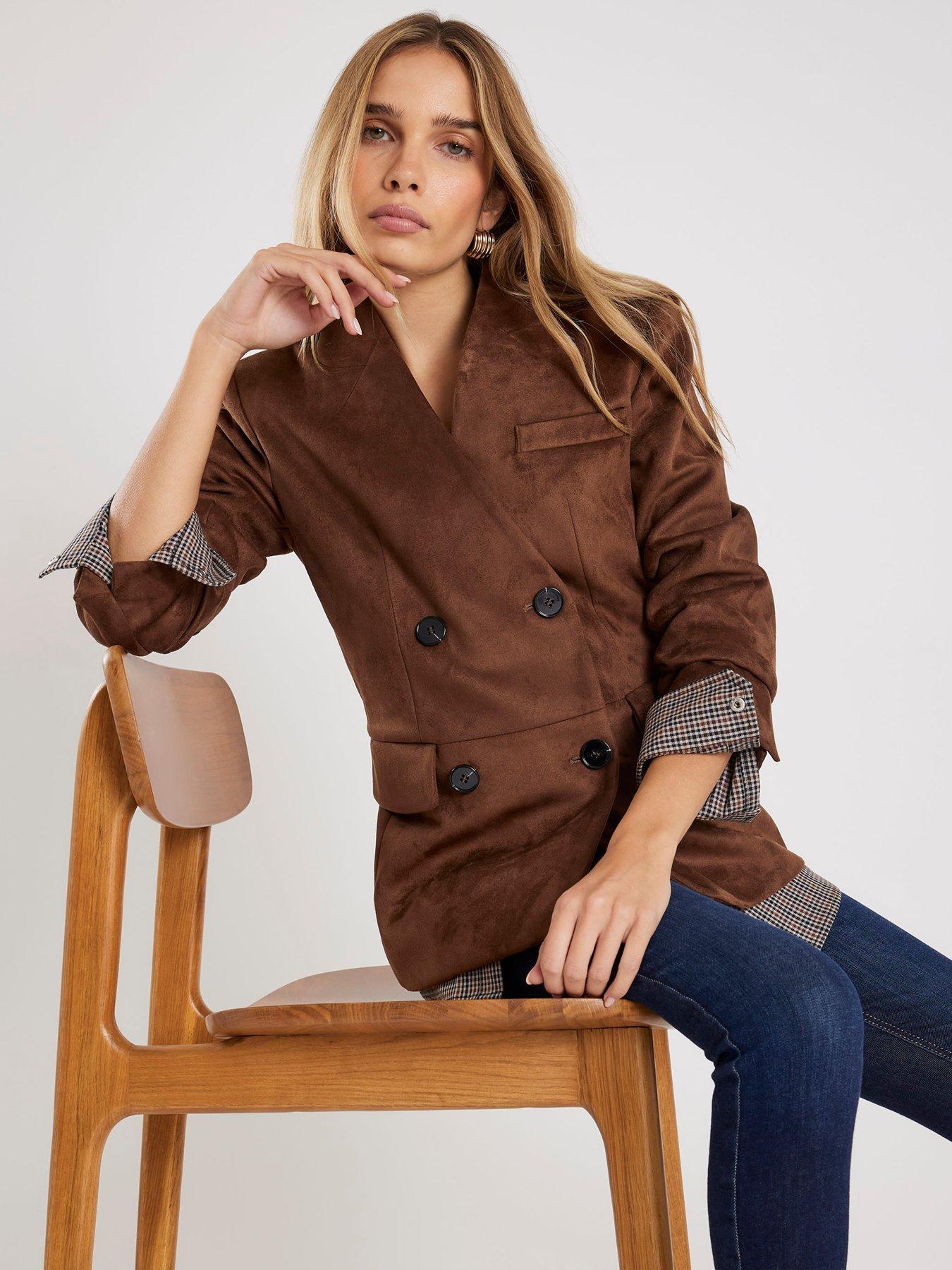 River Island Collarless Suedette Blazer - Brown