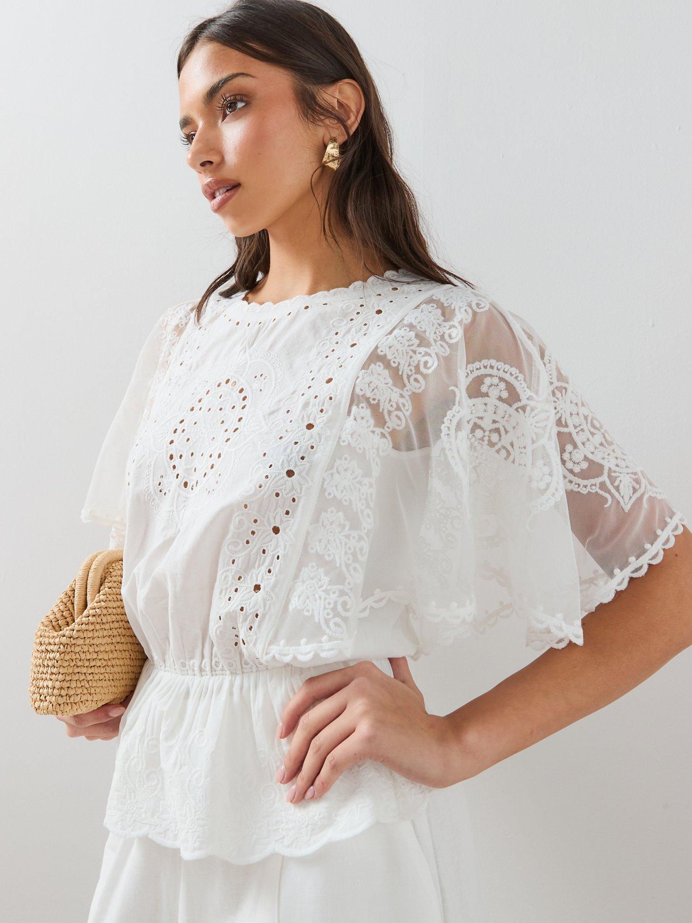 The Very Collection Lace Embroidered Peplum Blouse - White
