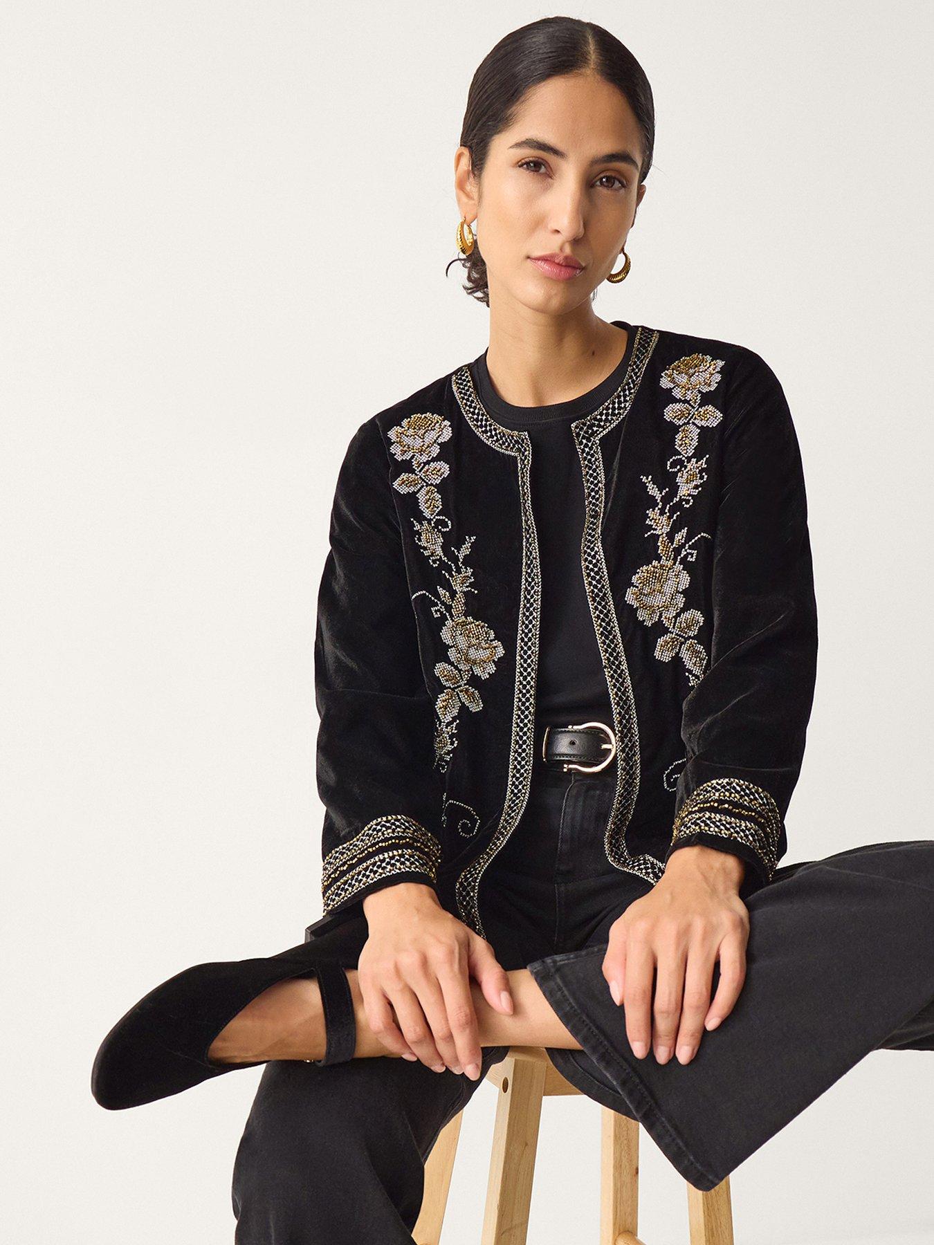 Image 1 of 5 of Monsoon Heather Embellished Velvet Jacket - Black