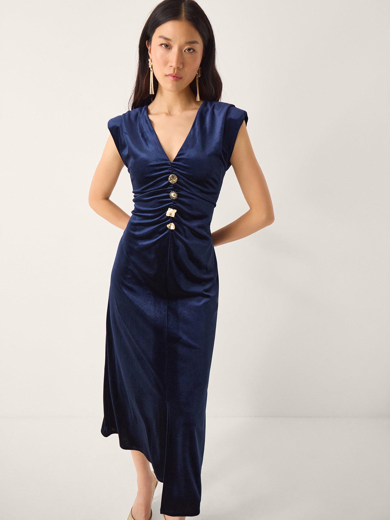 Monsoon Vana Velvet Button Dress - Blue