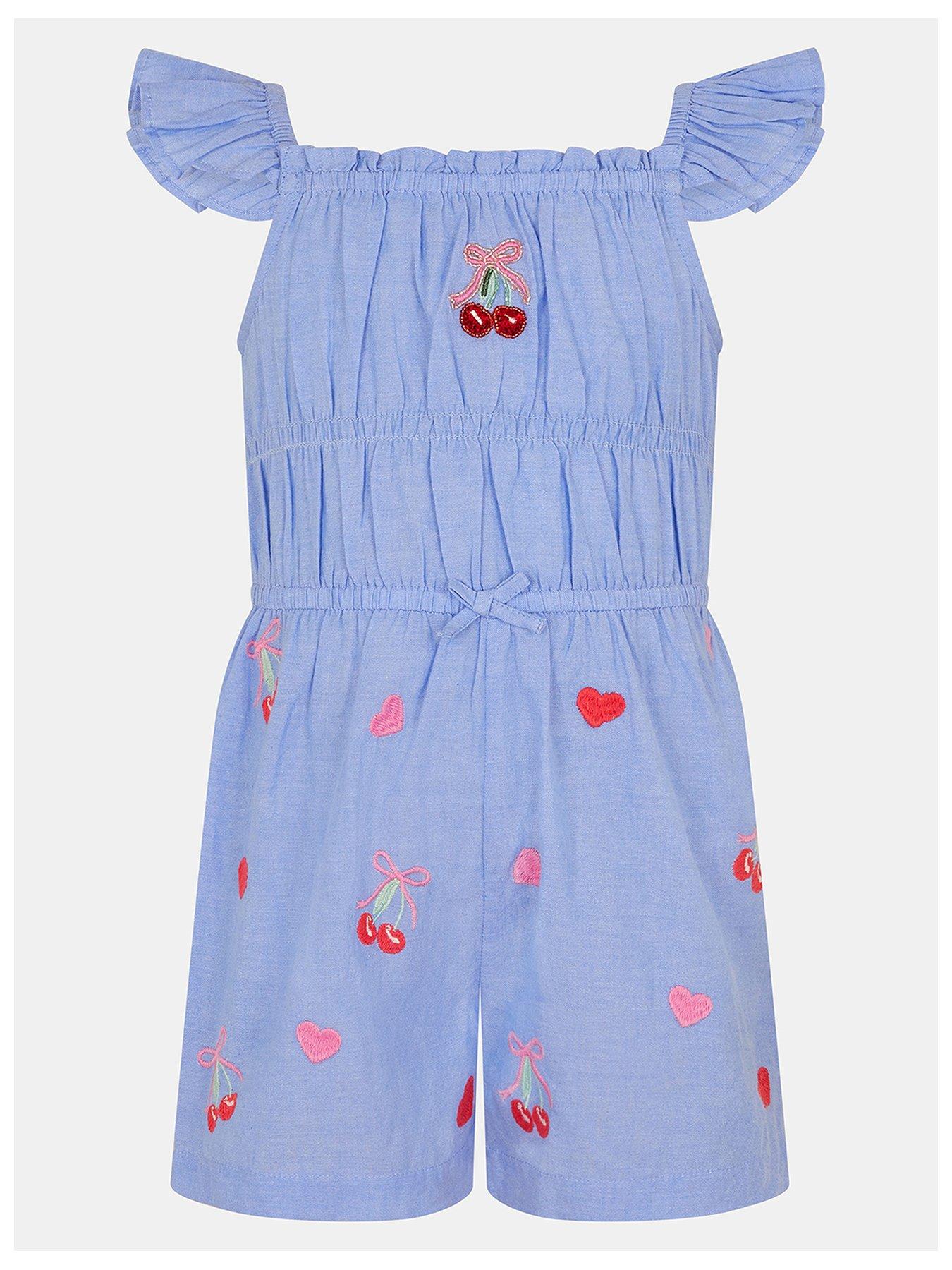 Image 1 of 3 of Accessorize Girls Embroidered Cherry Heart Playsuit - Blue