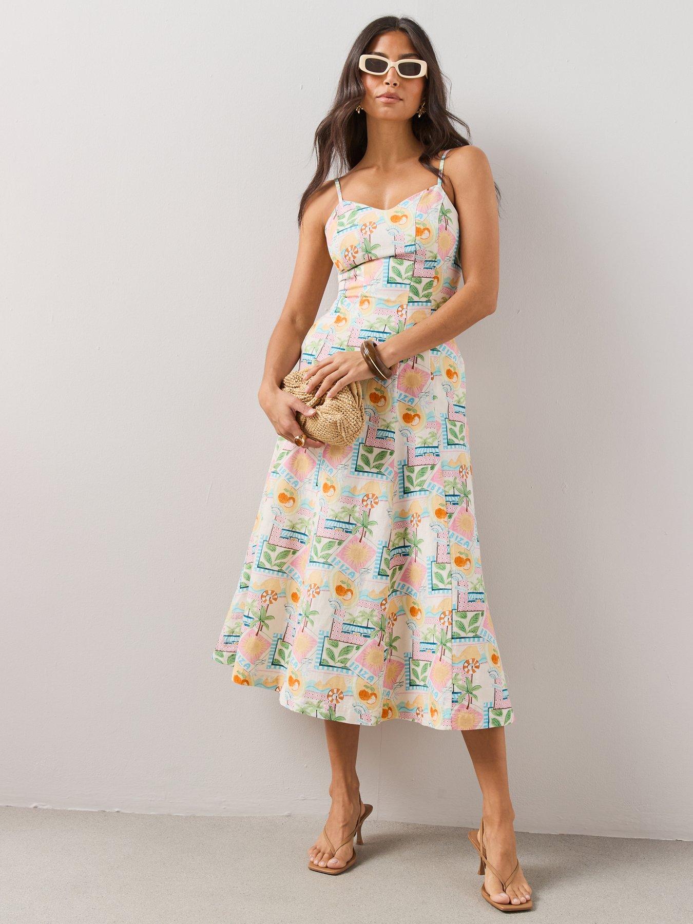 Image 1 of 7 of The Very Collection Ibiza Printed Linen Mix Strappy Midaxi Dress - Print