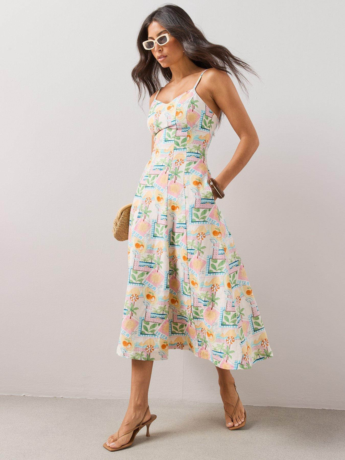 Image 3 of 7 of The Very Collection Ibiza Printed Linen Mix Strappy Midaxi Dress - Print