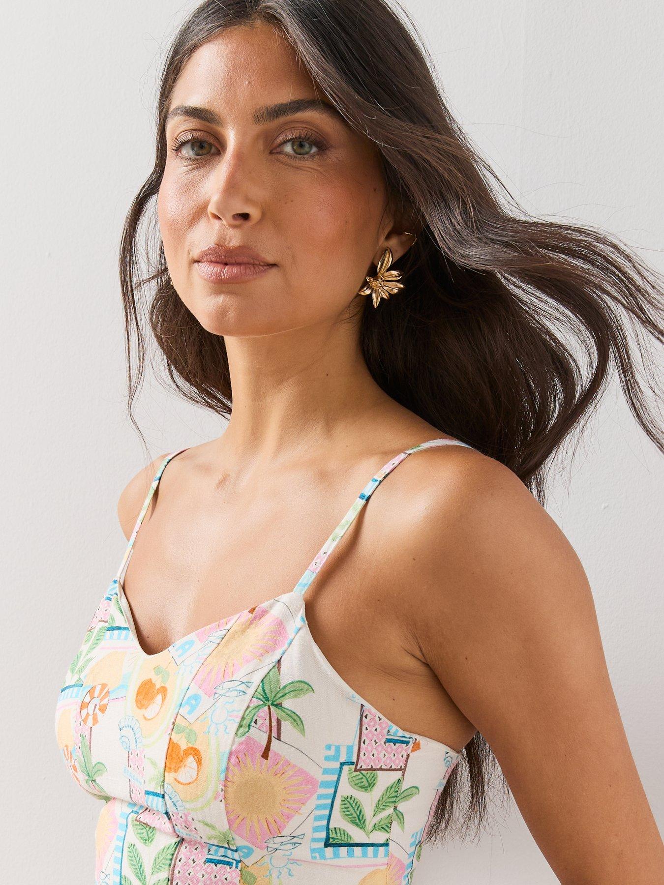 Image 4 of 7 of The Very Collection Ibiza Printed Linen Mix Strappy Midaxi Dress - Print