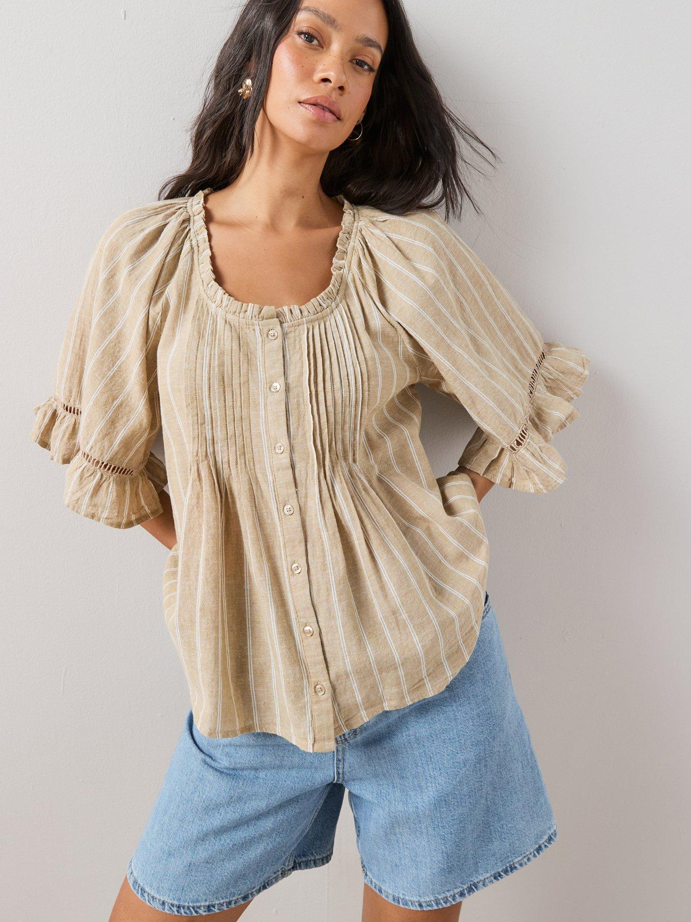 The Very Collection Metallic Stripe Pintuck Frill Sleeve Blouse - Beige