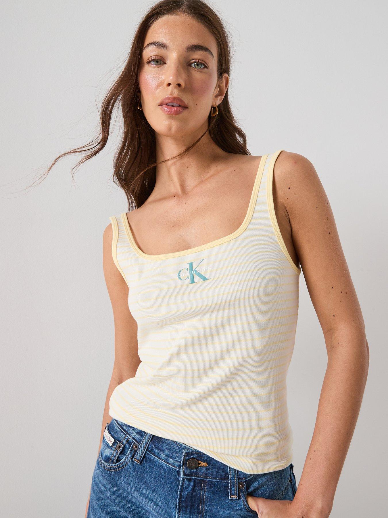 Calvin Klein Jeans Striped Scoop Neck Ribbed Tank Top - White