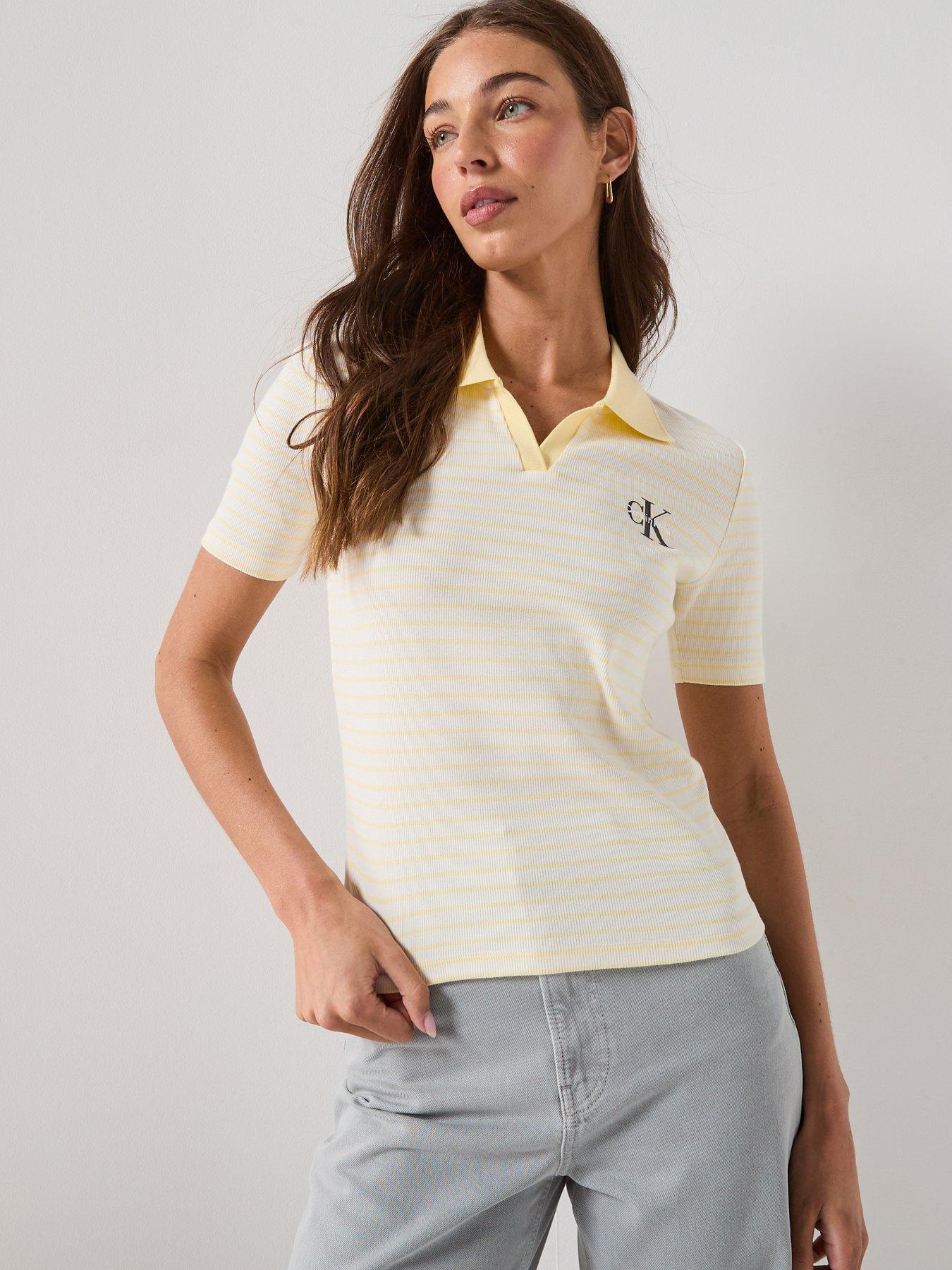 Calvin Klein Jeans Monologo Rib Polo Top - White/Yellow
