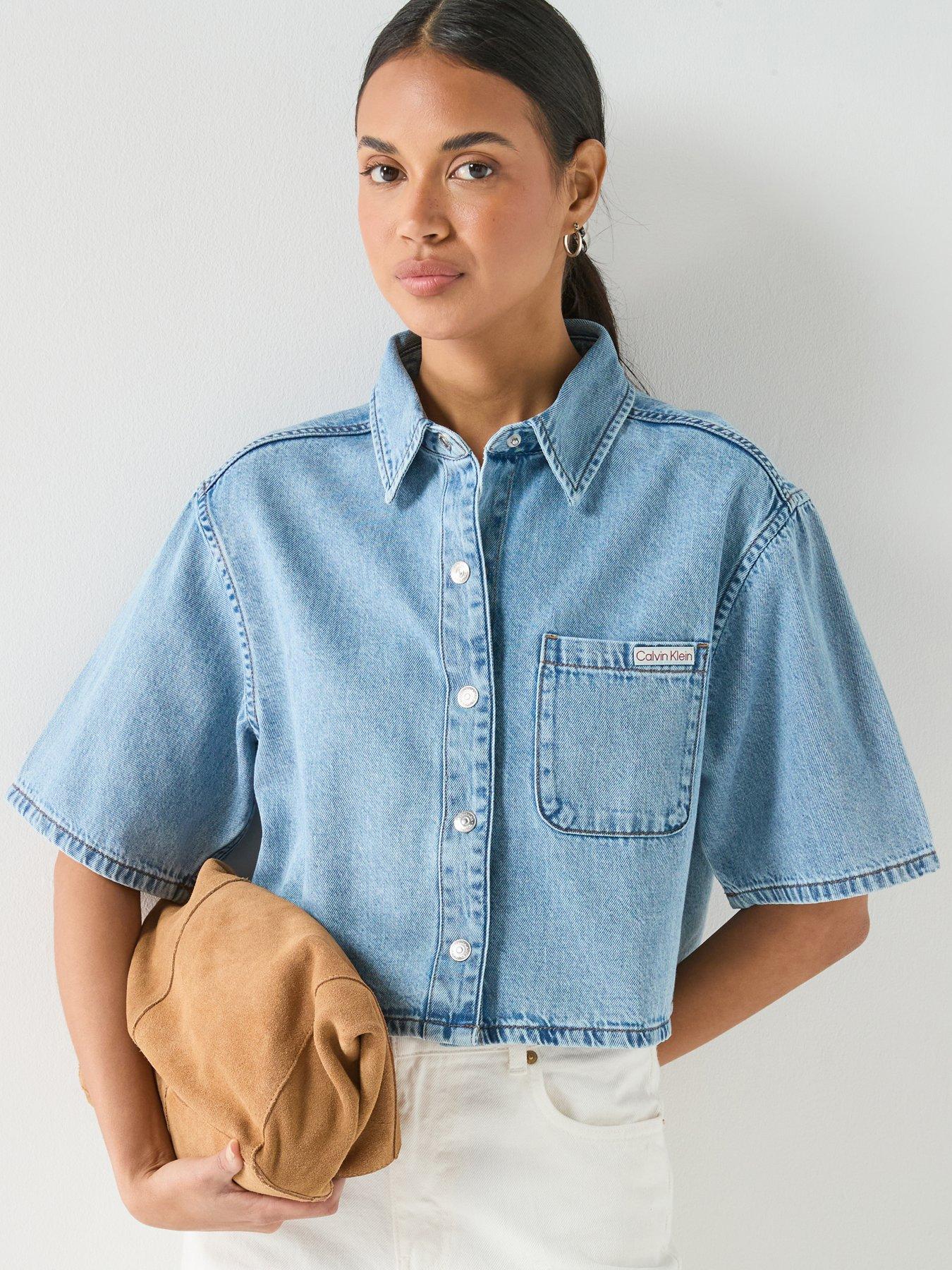 Calvin Klein Jeans Boxy Cropped Denim Shirt Vintage - Vintage Moss