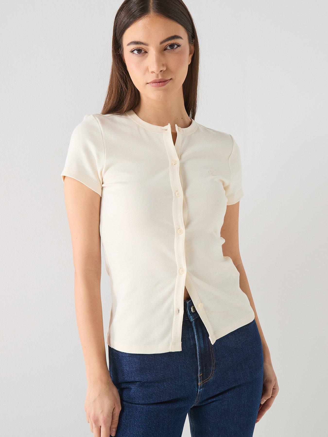 Calvin Klein Jeans Short Sleeve Rib Button Up Top