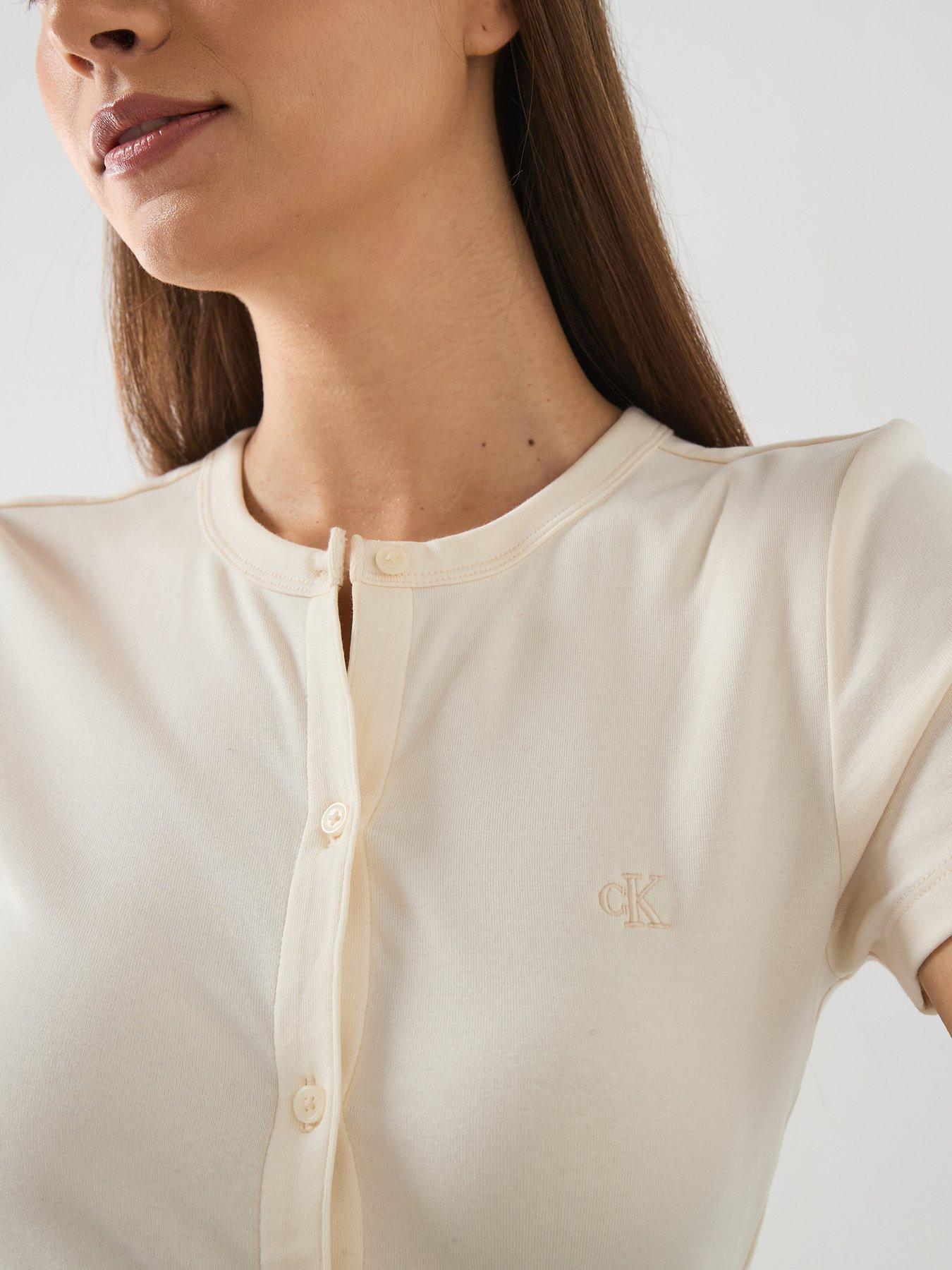Image 4 of 6 of Calvin Klein Jeans Short Sleeve Rib Button Up Top