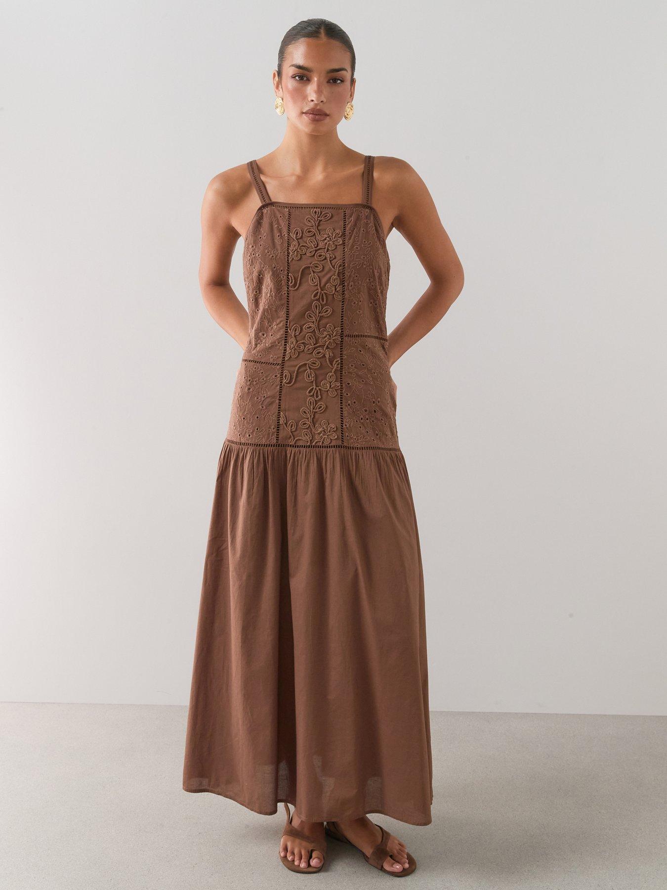Image 1 of 7 of The Very Collection Embroidered Detail Dropped Waist Midaxi Dress - Brown