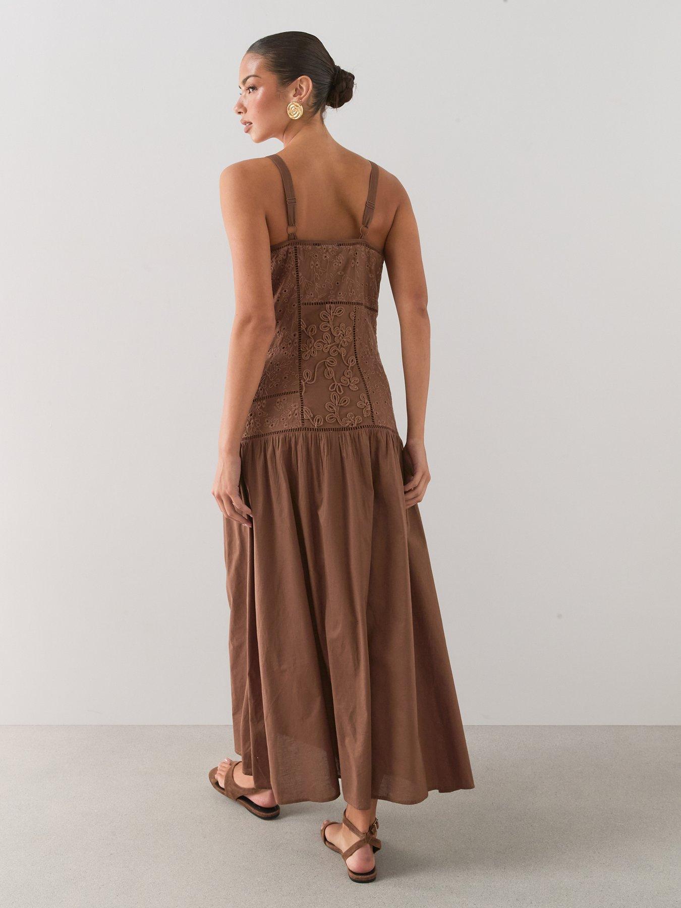 Image 2 of 7 of The Very Collection Embroidered Detail Dropped Waist Midaxi Dress - Brown