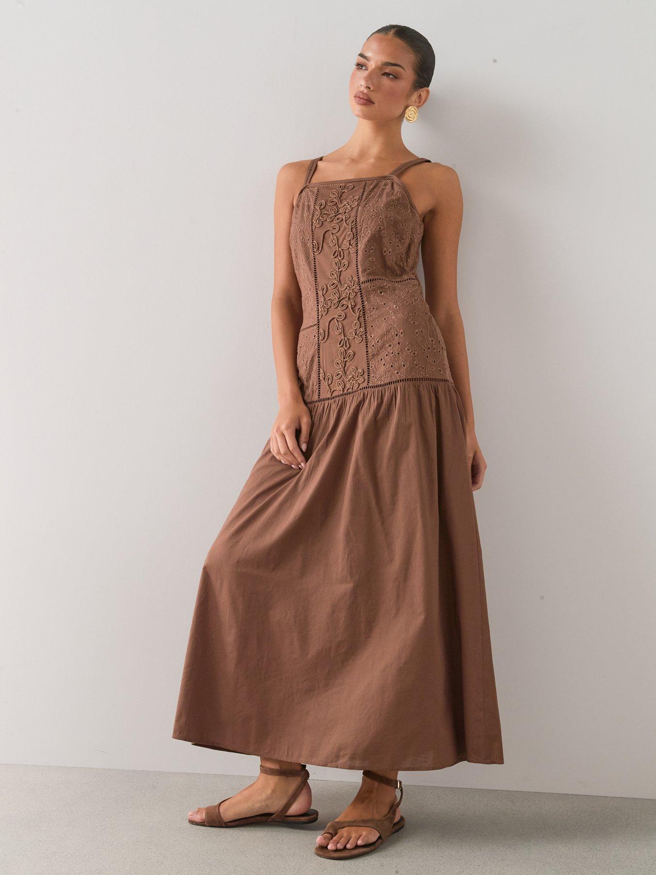 Image 3 of 7 of The Very Collection Embroidered Detail Dropped Waist Midaxi Dress - Brown