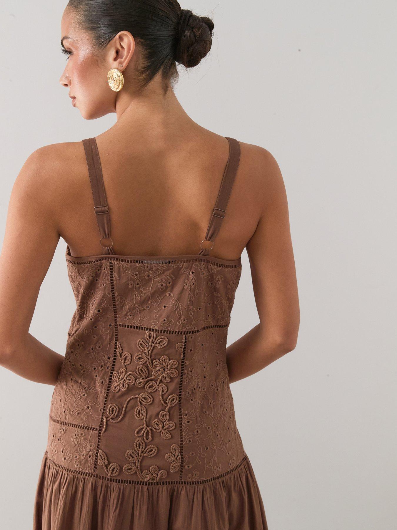 Image 4 of 7 of The Very Collection Embroidered Detail Dropped Waist Midaxi Dress - Brown