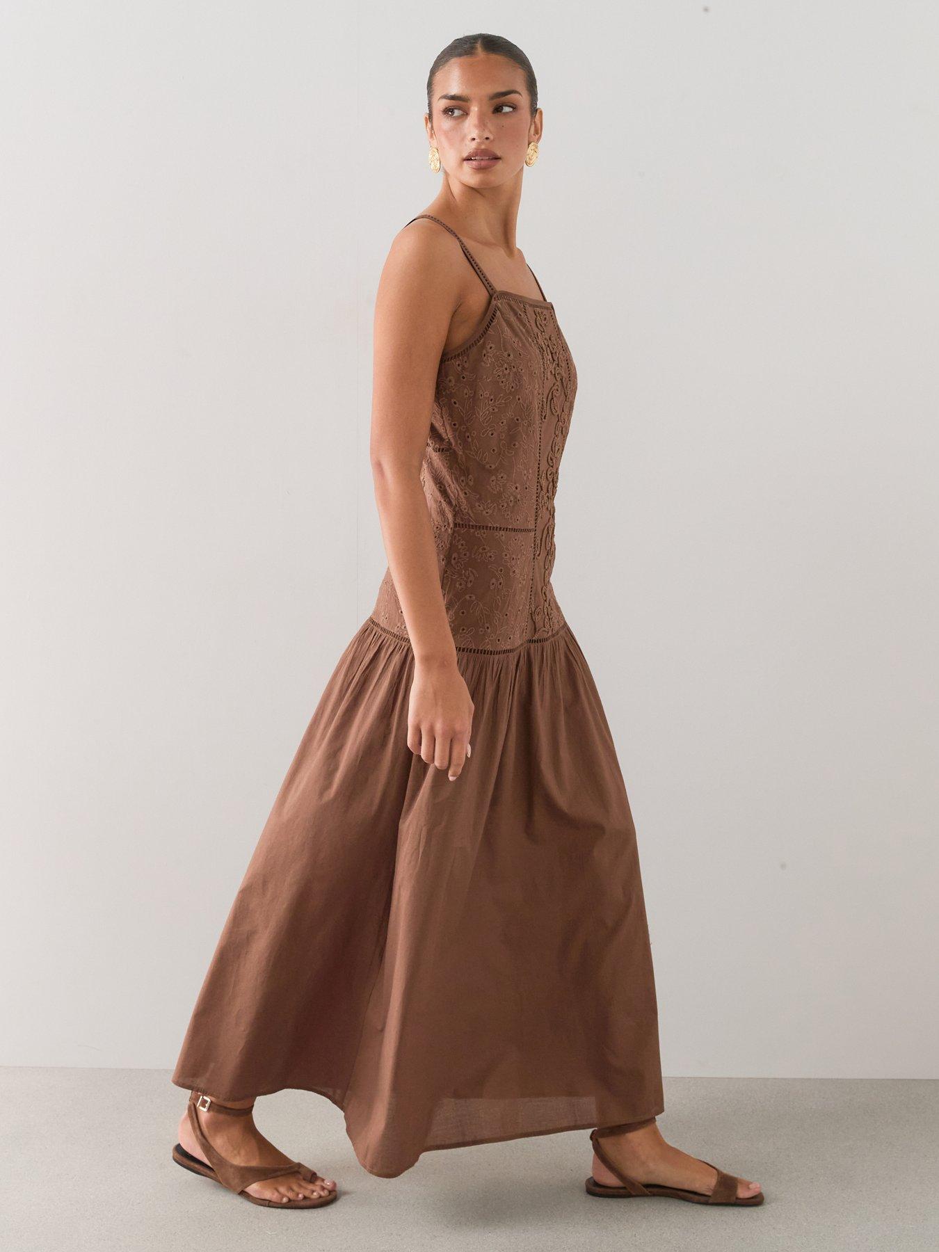 Image 5 of 7 of The Very Collection Embroidered Detail Dropped Waist Midaxi Dress - Brown