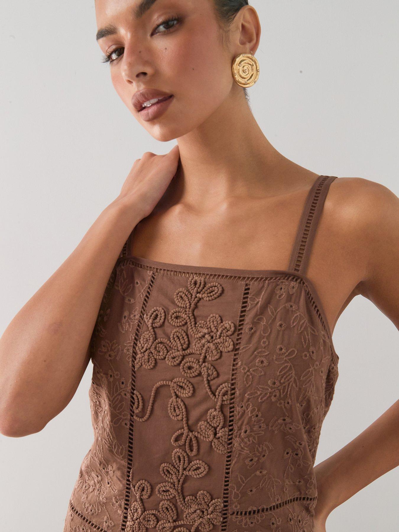 Image 6 of 7 of The Very Collection Embroidered Detail Dropped Waist Midaxi Dress - Brown