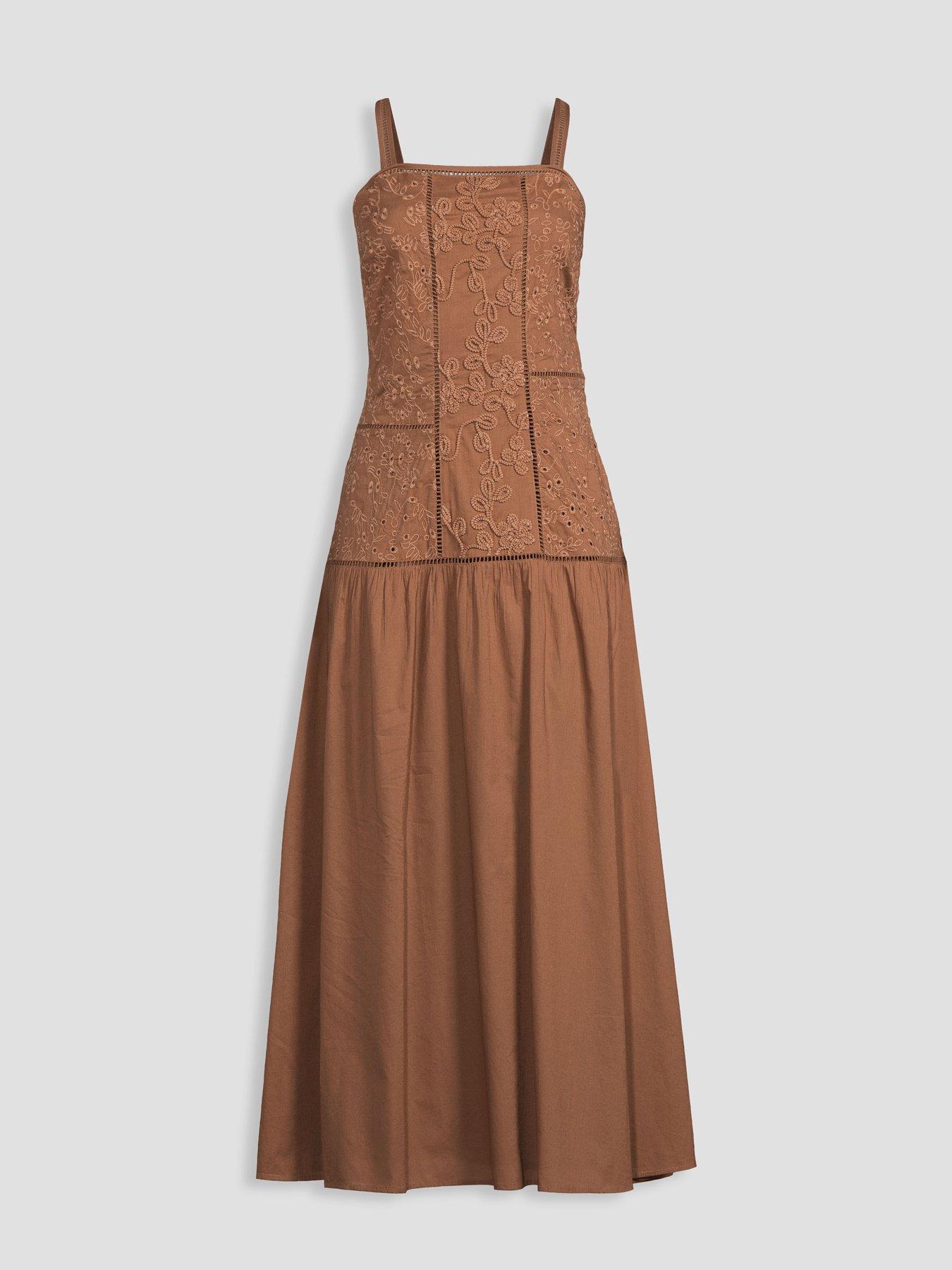 Image 7 of 7 of The Very Collection Embroidered Detail Dropped Waist Midaxi Dress - Brown