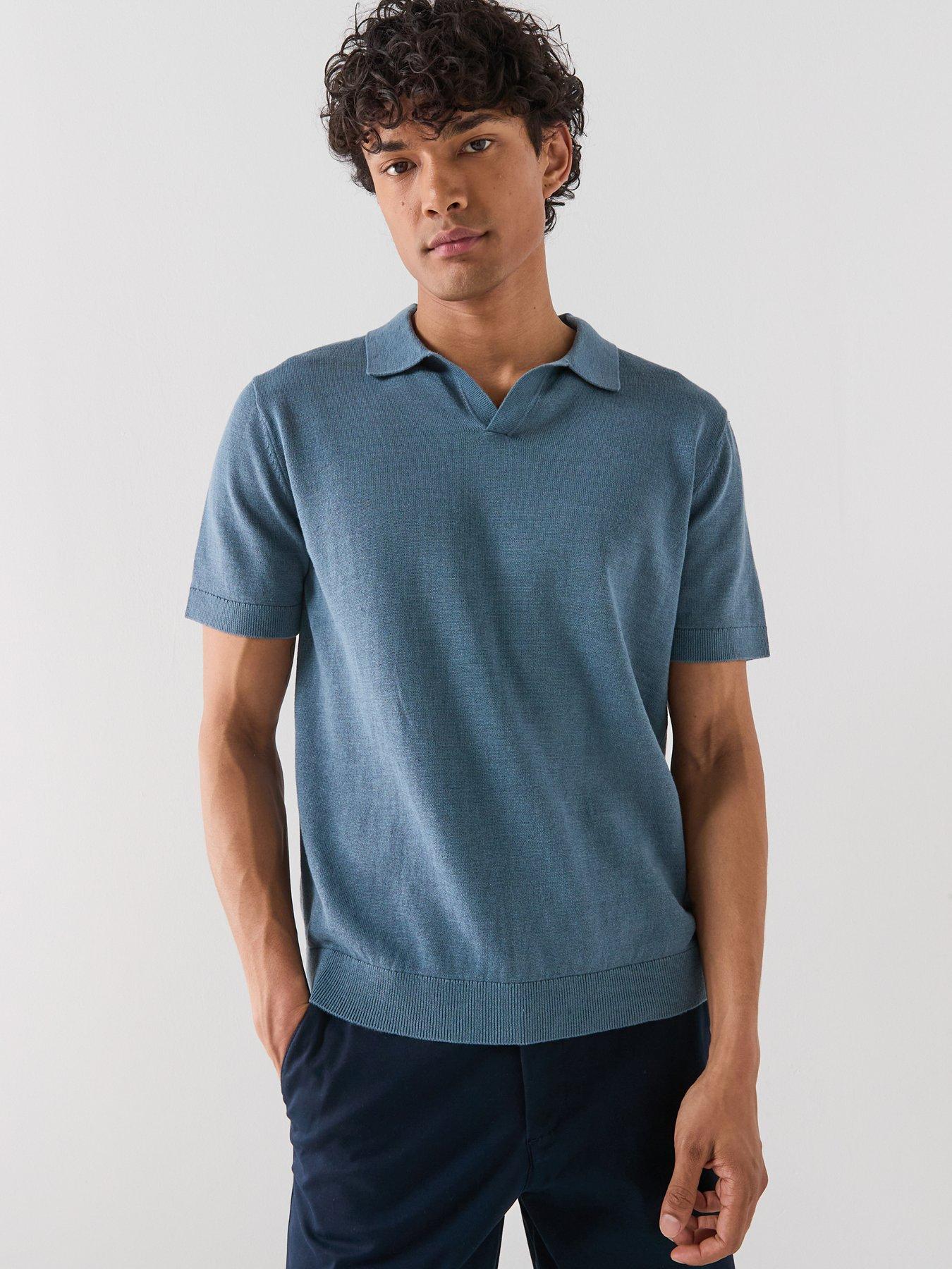 Selected Mattis Linen Blend Open Collar Polo Shirt - Blue