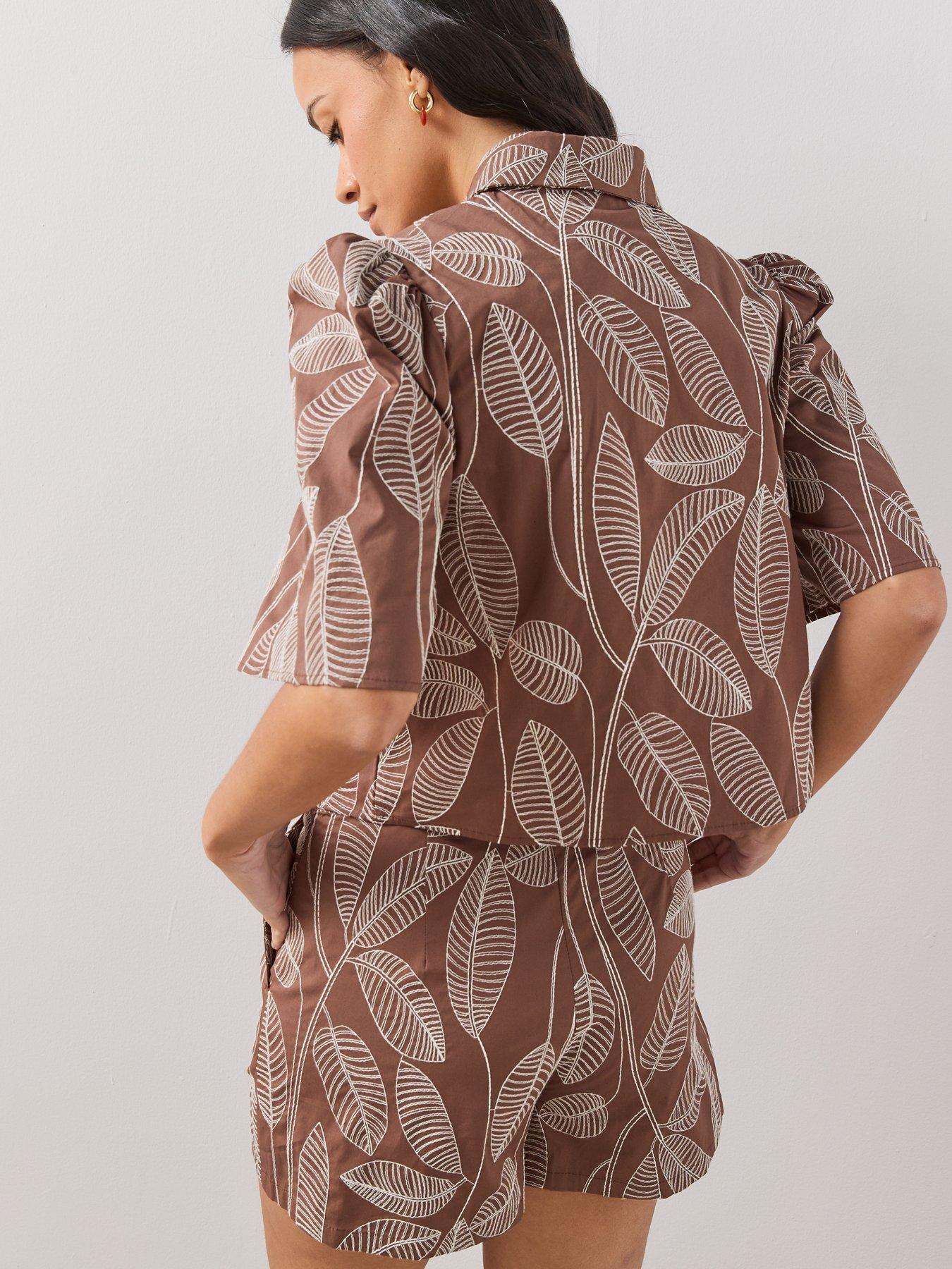Image 2 of 7 of The Very Collection Leaf Embroidered Puff Sleeve Co-Ord Shirt - Brown
