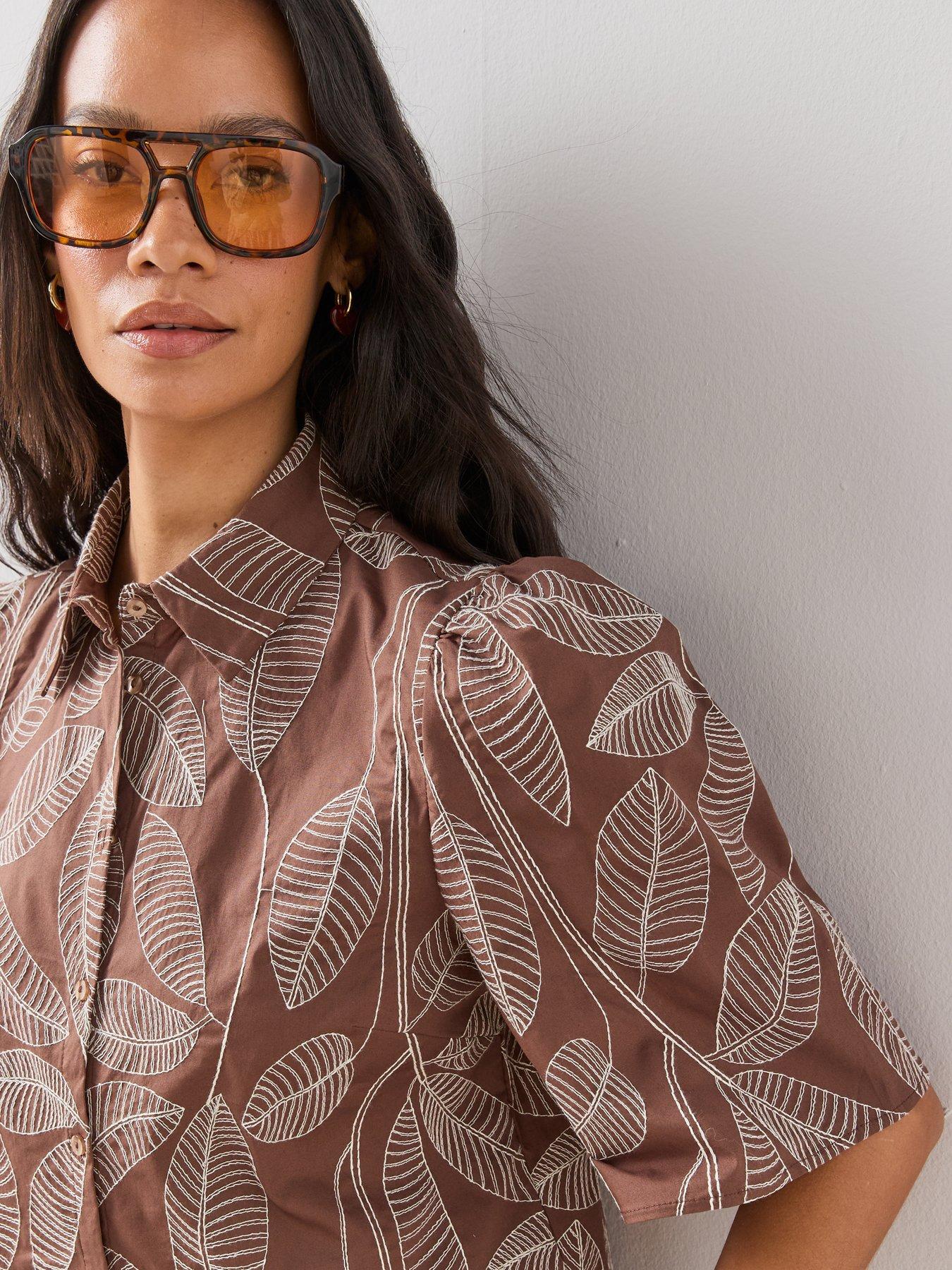 Image 4 of 7 of The Very Collection Leaf Embroidered Puff Sleeve Co-Ord Shirt - Brown
