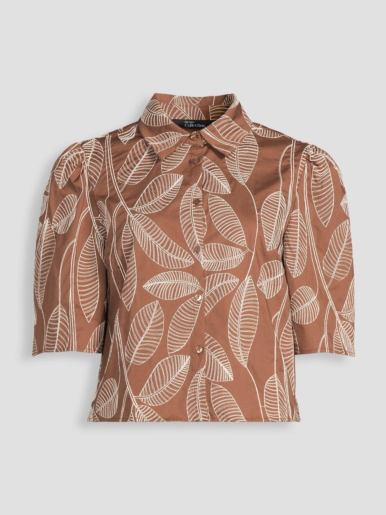Image 7 of 7 of The Very Collection Leaf Embroidered Puff Sleeve Co-Ord Shirt - Brown