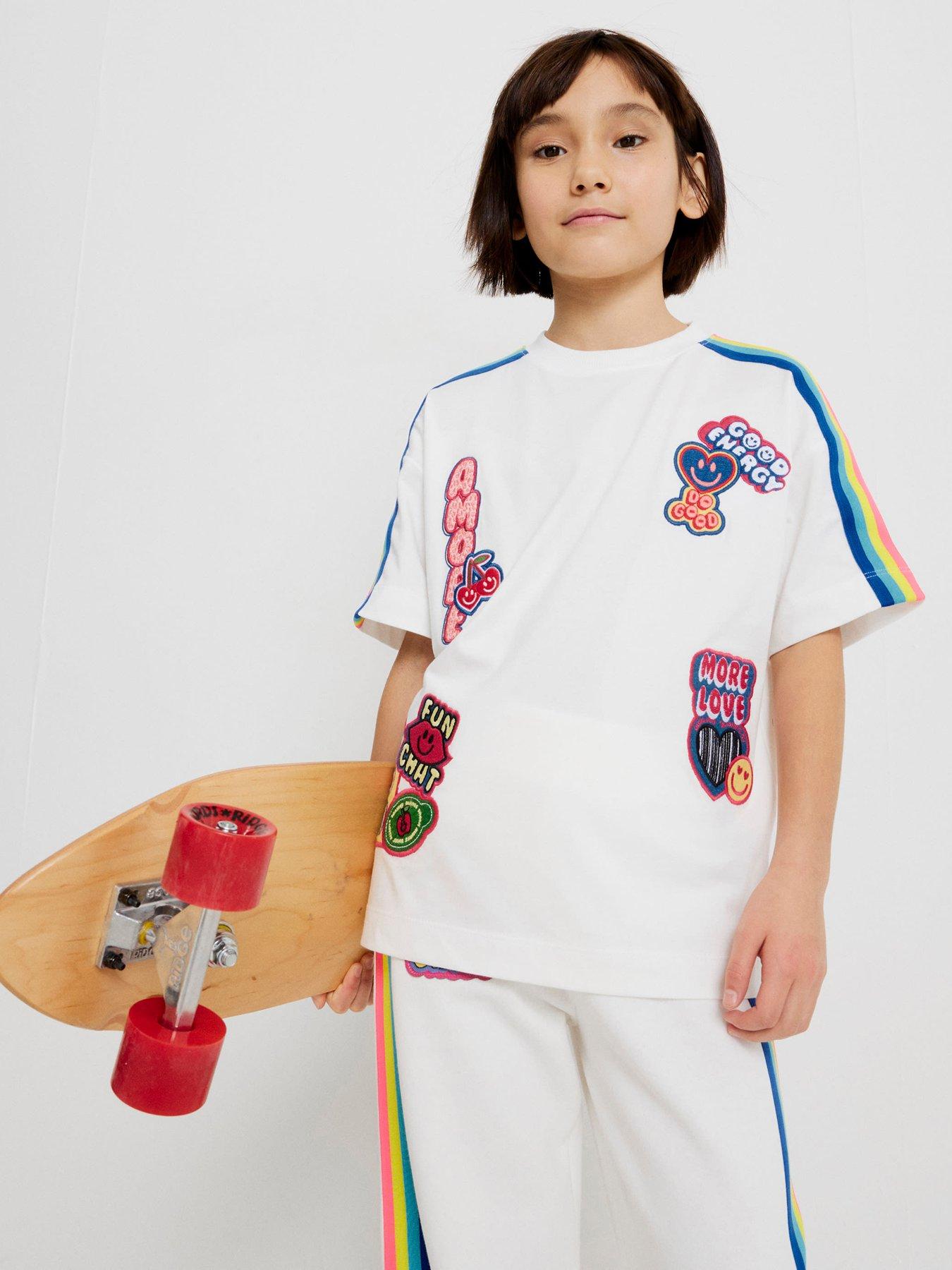 River Island Older Girls Badge Rainbow Stripe T-Shirt - White