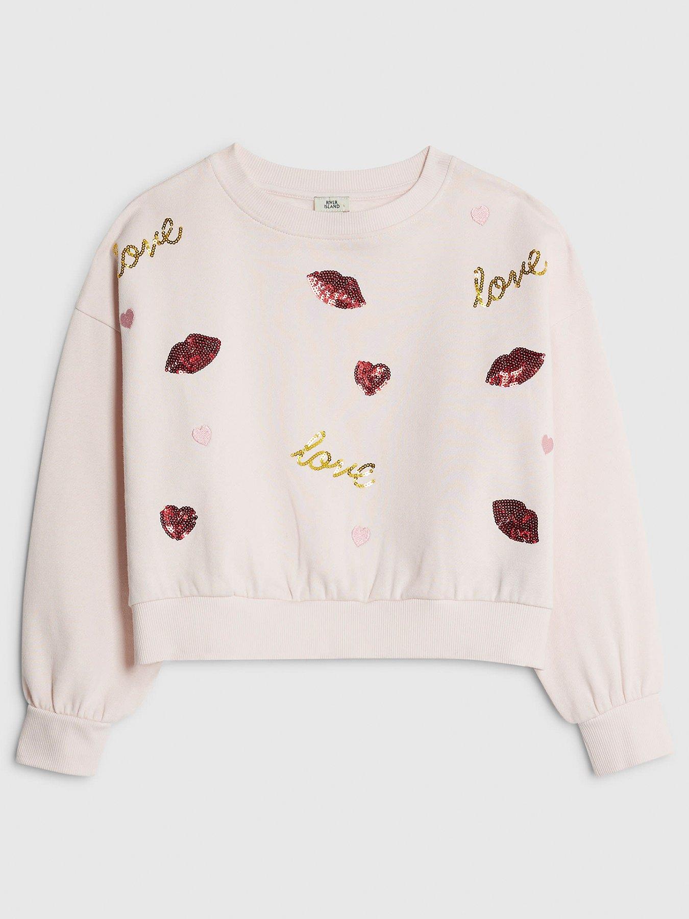 River Island Older Girls Sequin Embellished Lips Sweatshirt - Pink