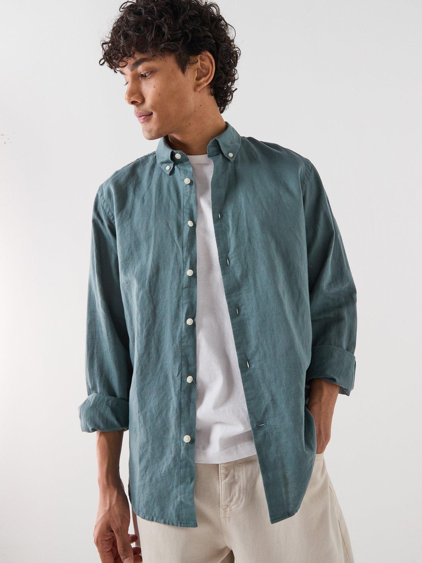 Image 1 of 6 of Selected Clay Linen Blend Blend Long Sleeve Shirt - Dark Green