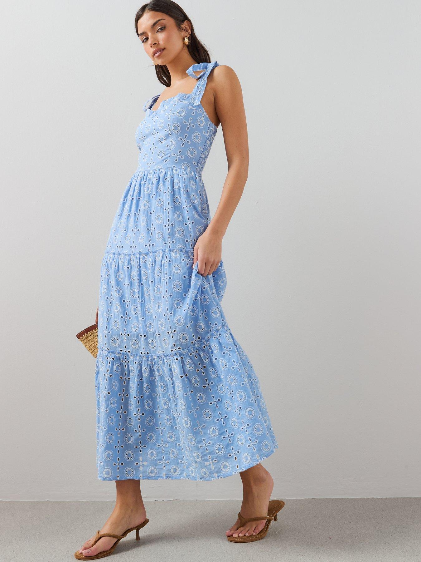The Very Collection Tie Shoulder Contrast Broderie Tiered Midaxi Dress - Blue
