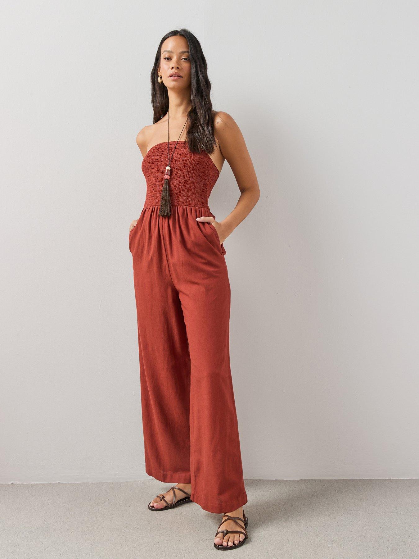 The Very Collection Shirred Detail Linen Mix Bandeau Jumpsuit - Dark Red